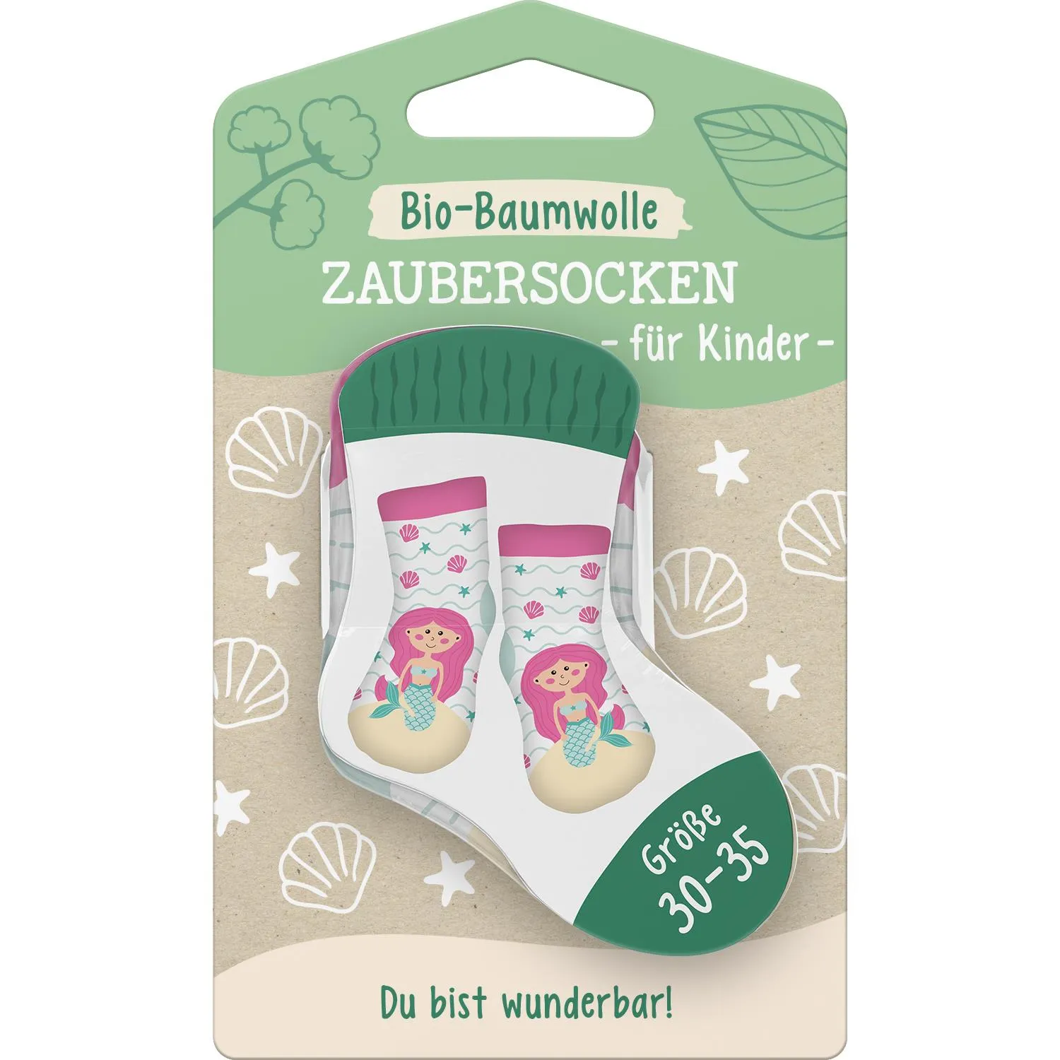 Weiße Kinder-Zaubersocken mit Meerjungfrau-Design in Pastellfarben.