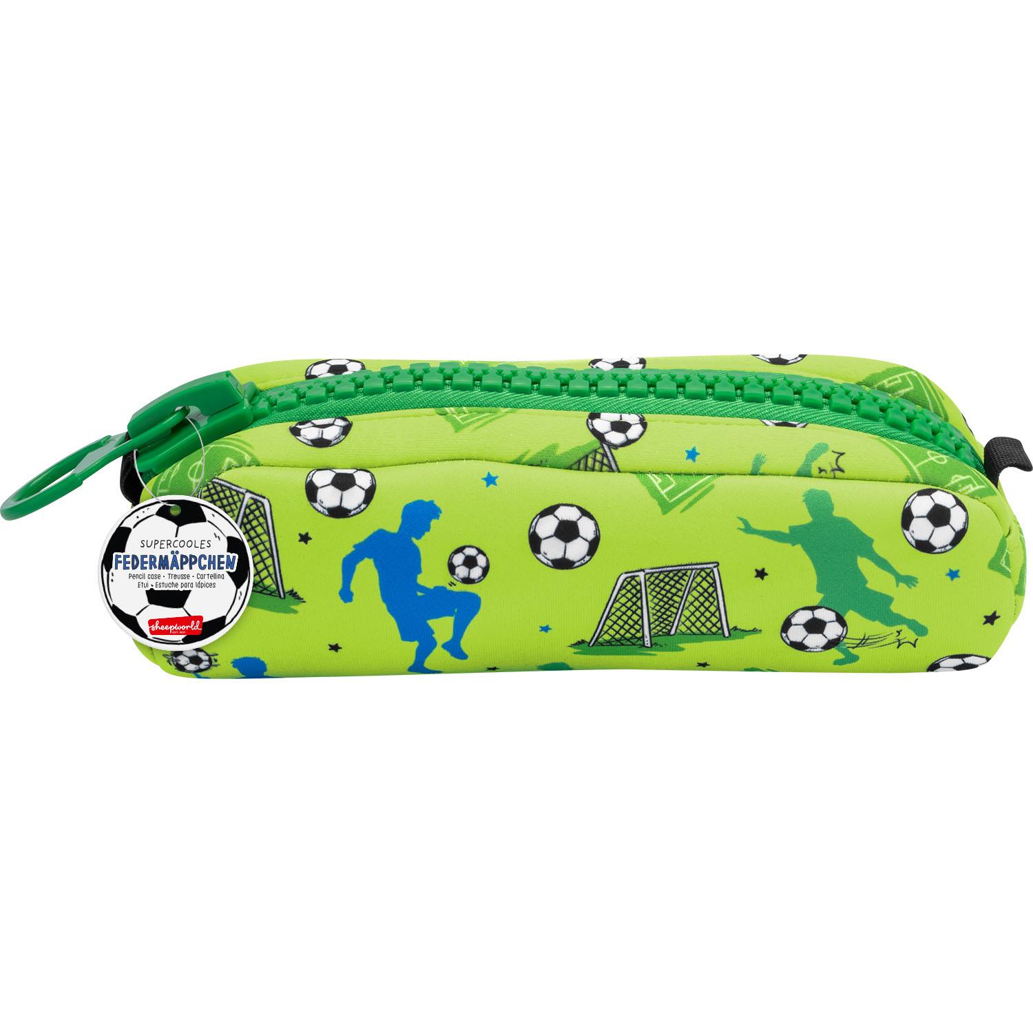 Grünes Neopren-Federmäppchen mit Fußball-Motiven und XL-Reißverschluss