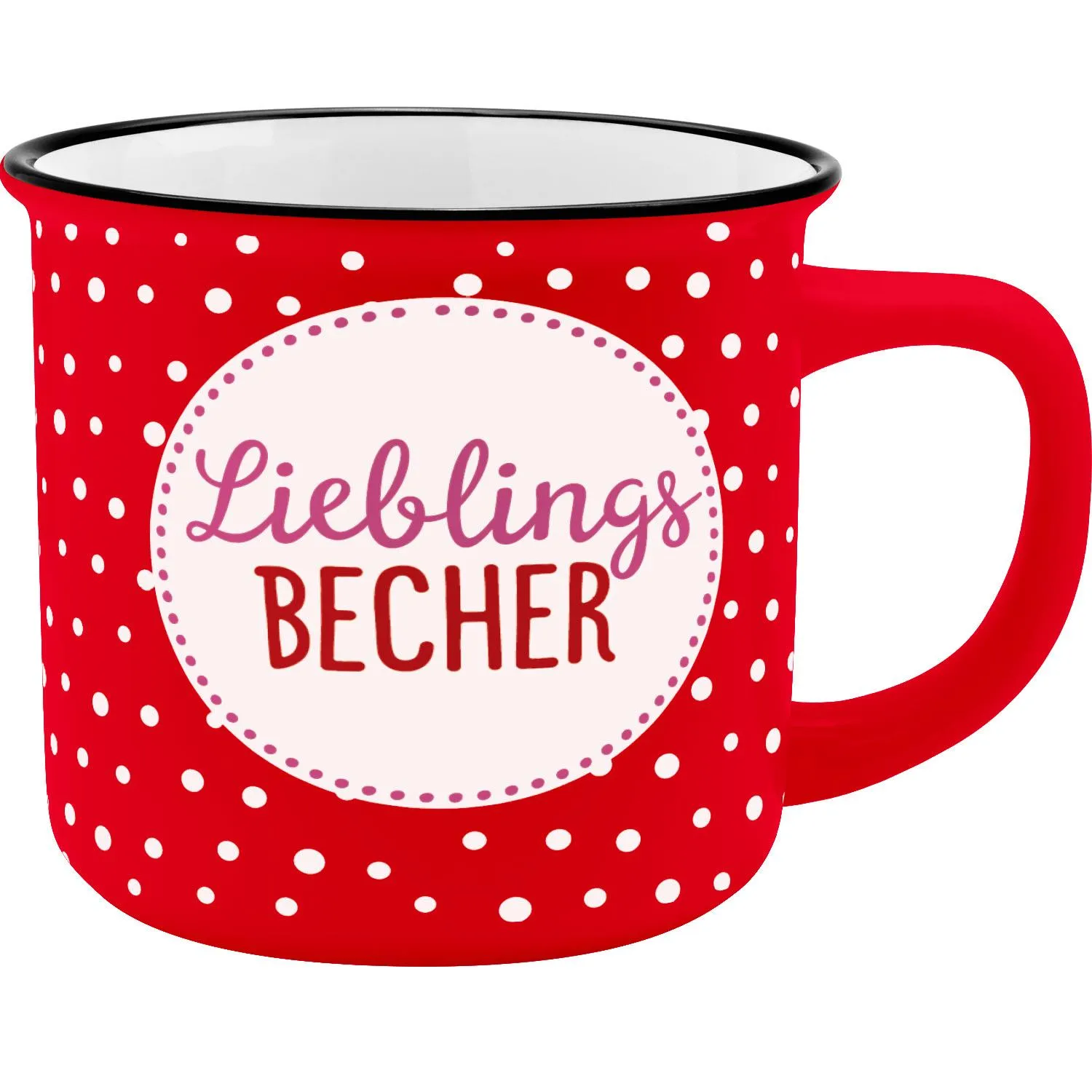 Rote Tasse mit weißen Punkten und rosafarbenem Label 'Lieblings Becher'