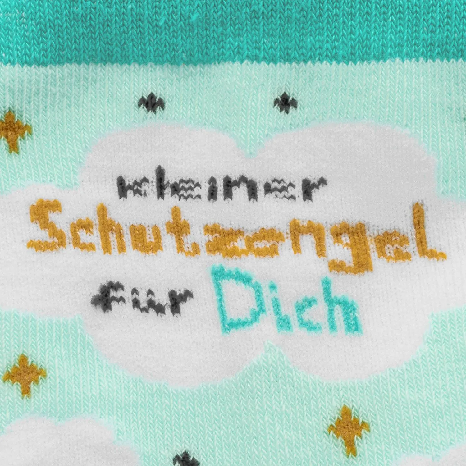 Pastellmintfarbene Zaubersocken mit Wolkenmotiv und goldener Schrift 'Zaubersocken' L