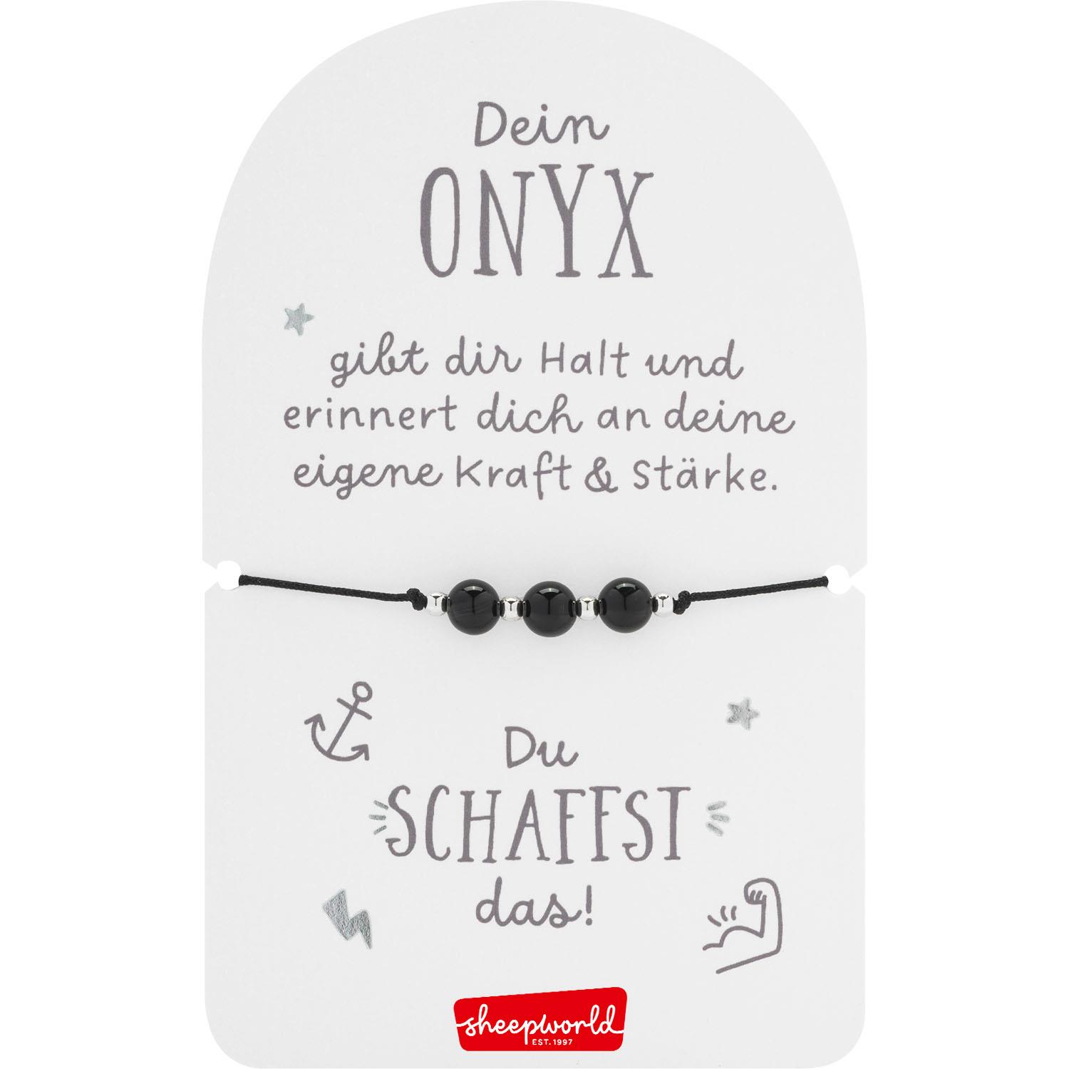 Schwarzes Onyx-Armband mit drei Halbedelsteinen auf schwarzem Faden