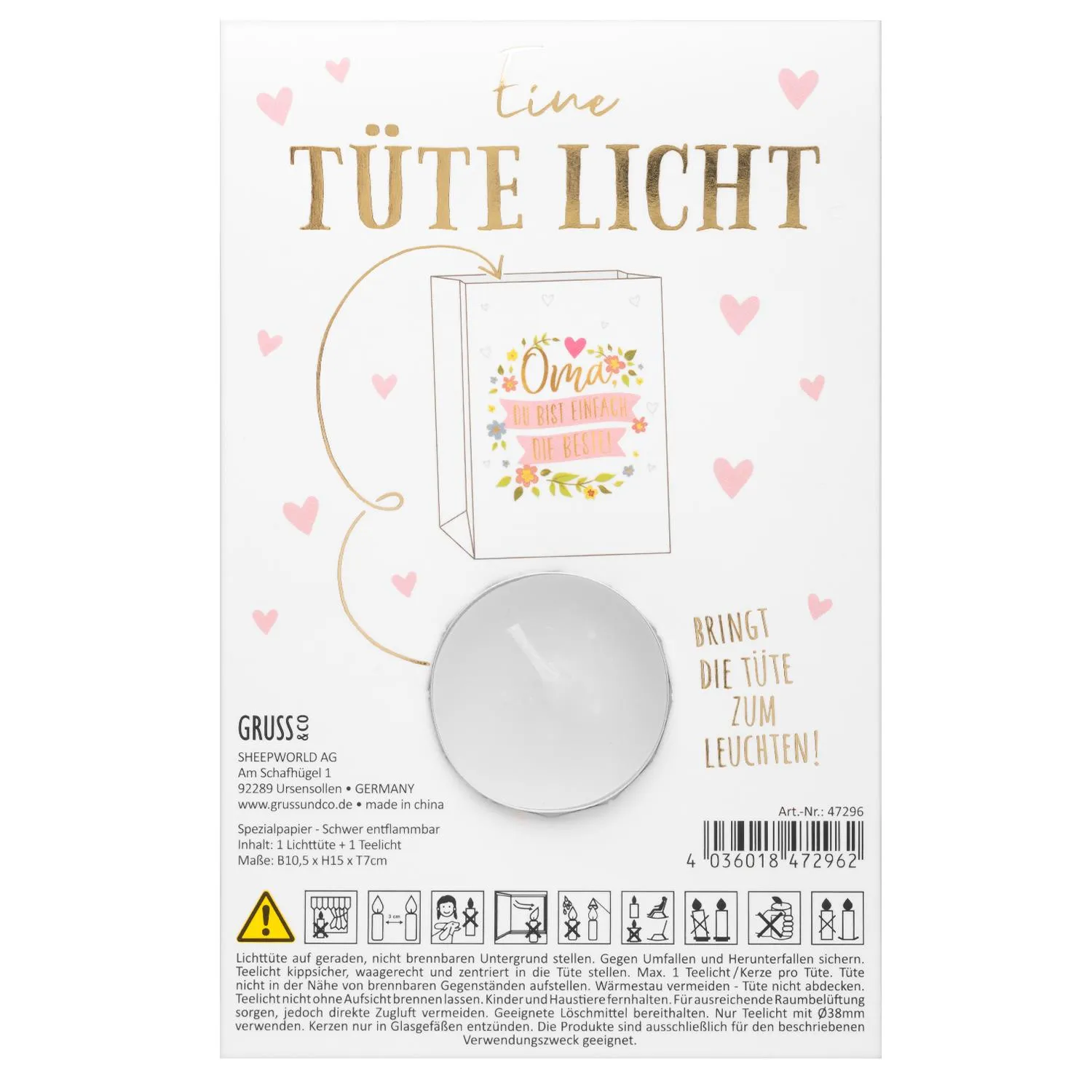 Lichttüte für Oma mit Blumenkranz und goldener Schrift – inkl. Teelicht, schwer entflammbares Papier.