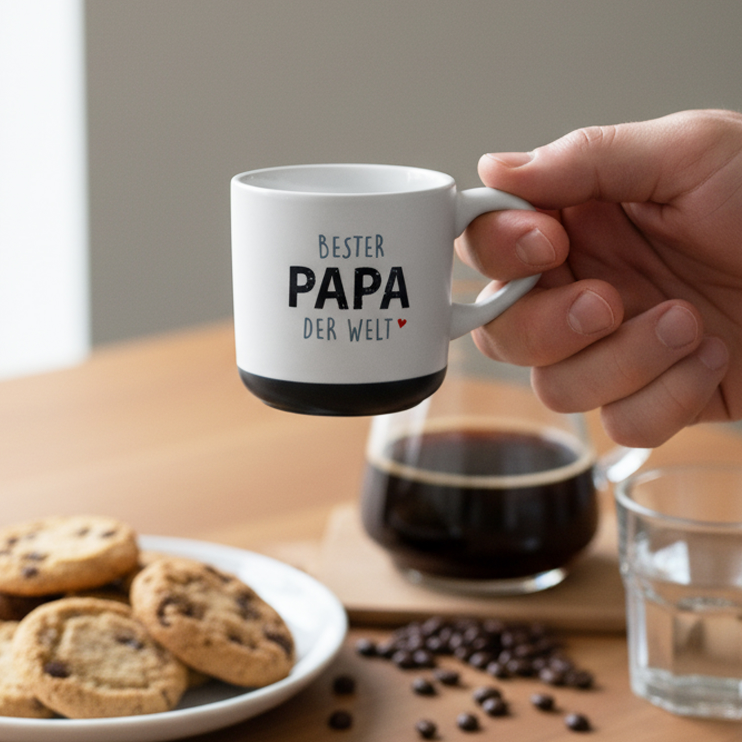 Weiße Espressotasse mit schwarzer Bodenkante und Aufdruck 'Bester Papa der Welt'