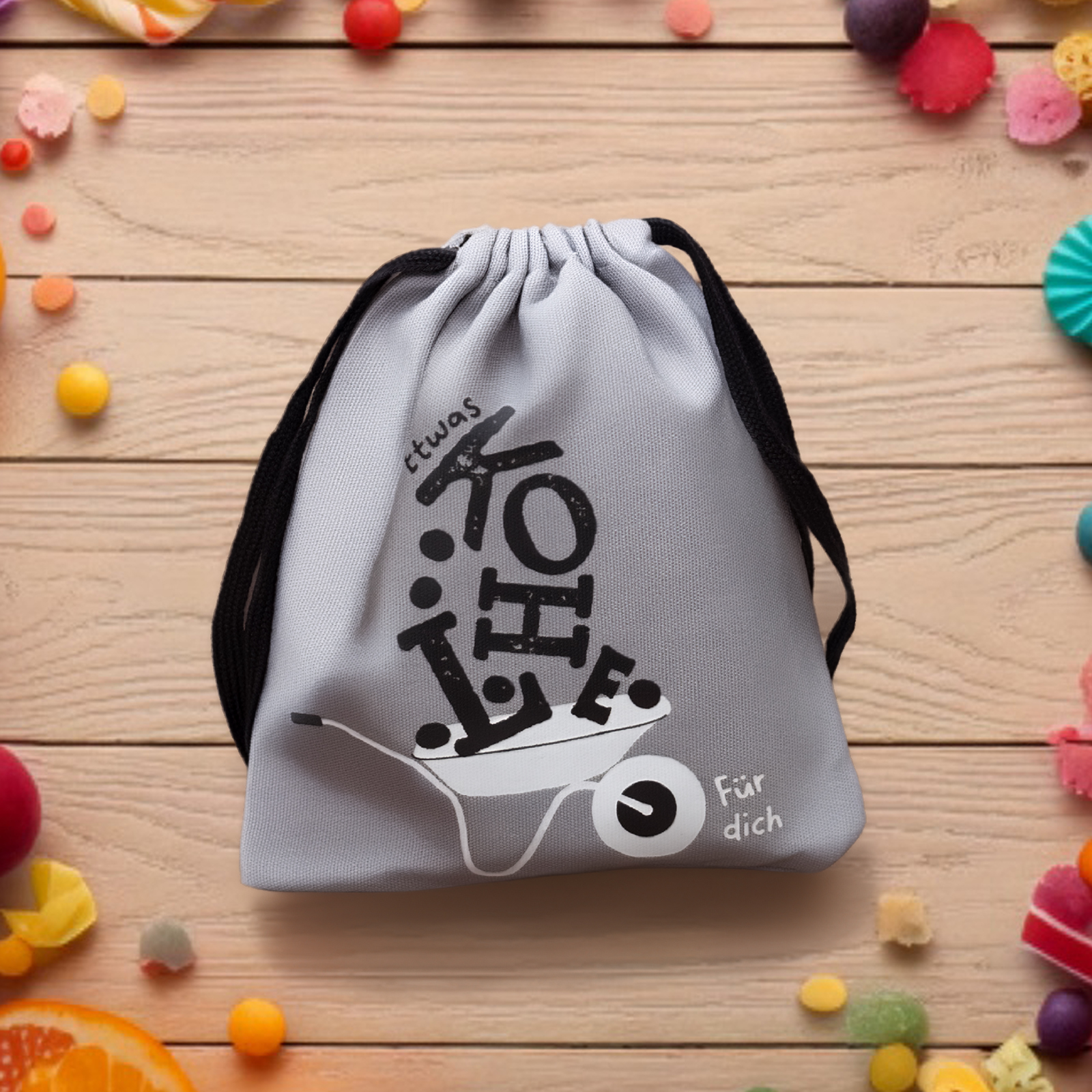 Graues Canvas-Geschenksäckchen mit Druck 'Kohle für dich' und Zugband