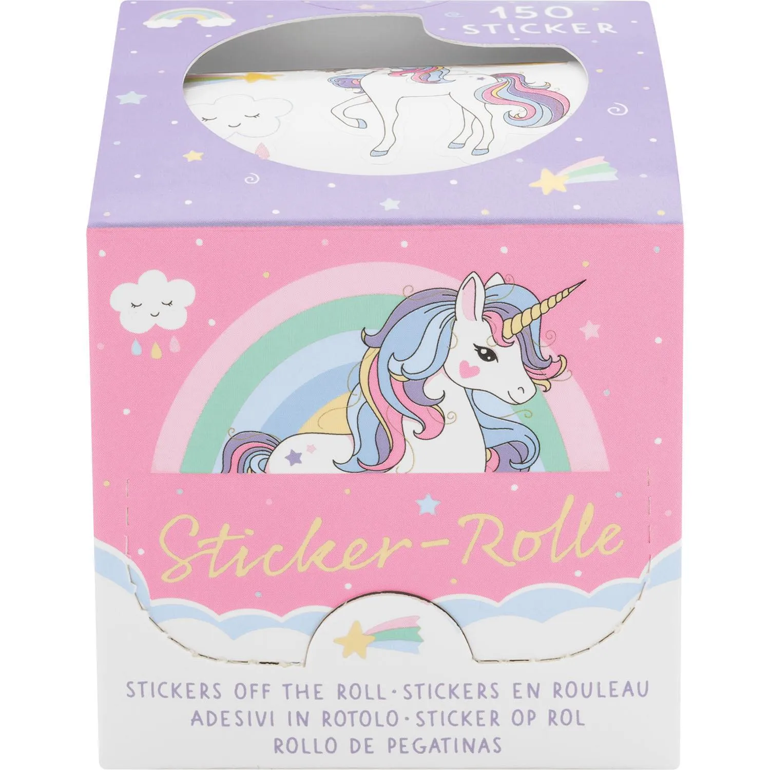 Pastellfarbene Einhorn-Stickerrolle in Geschenkbox, 80 cm lang, 5 cm breit, 150 Sticker