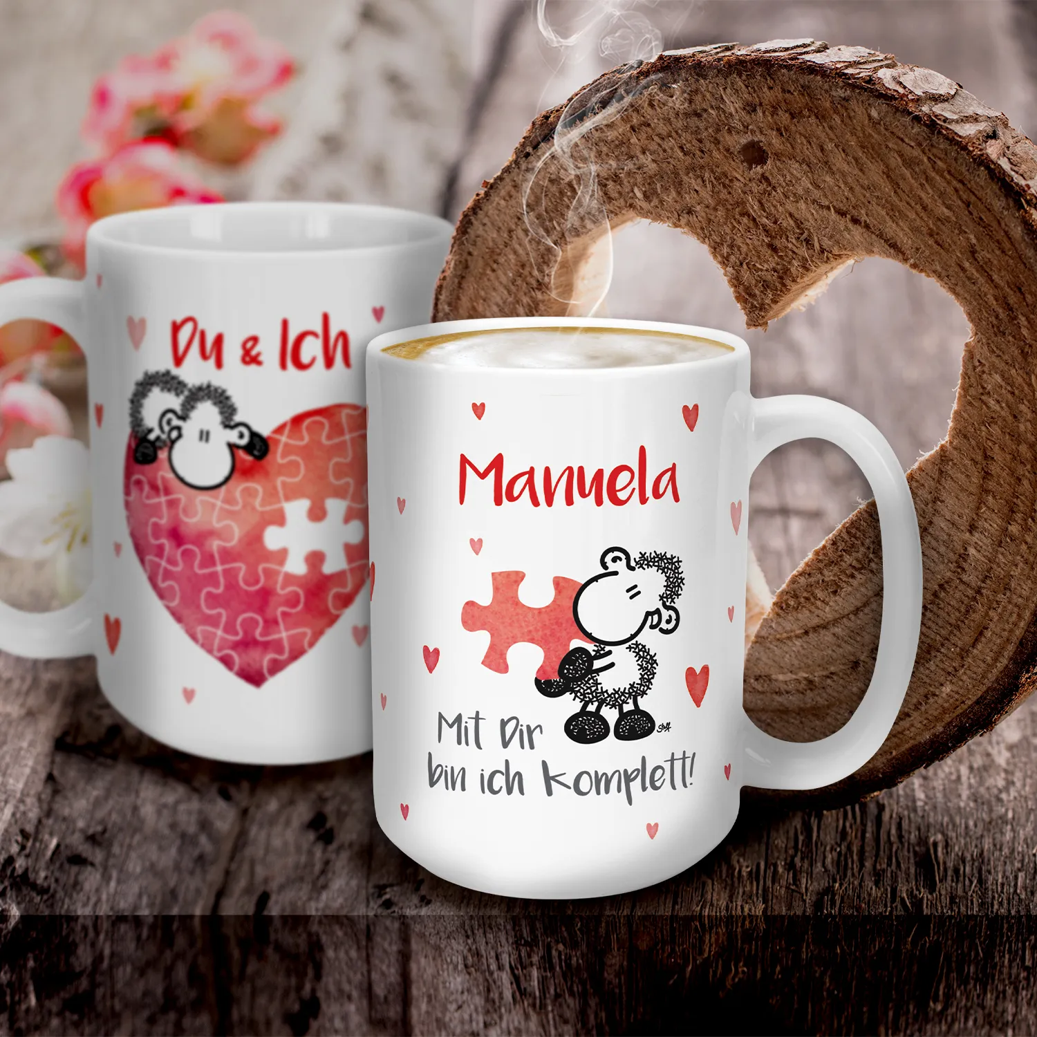 Weiße Keramik-XL-Tasse mit Name 'Manuela' und Puzzle-Herz-Motiv