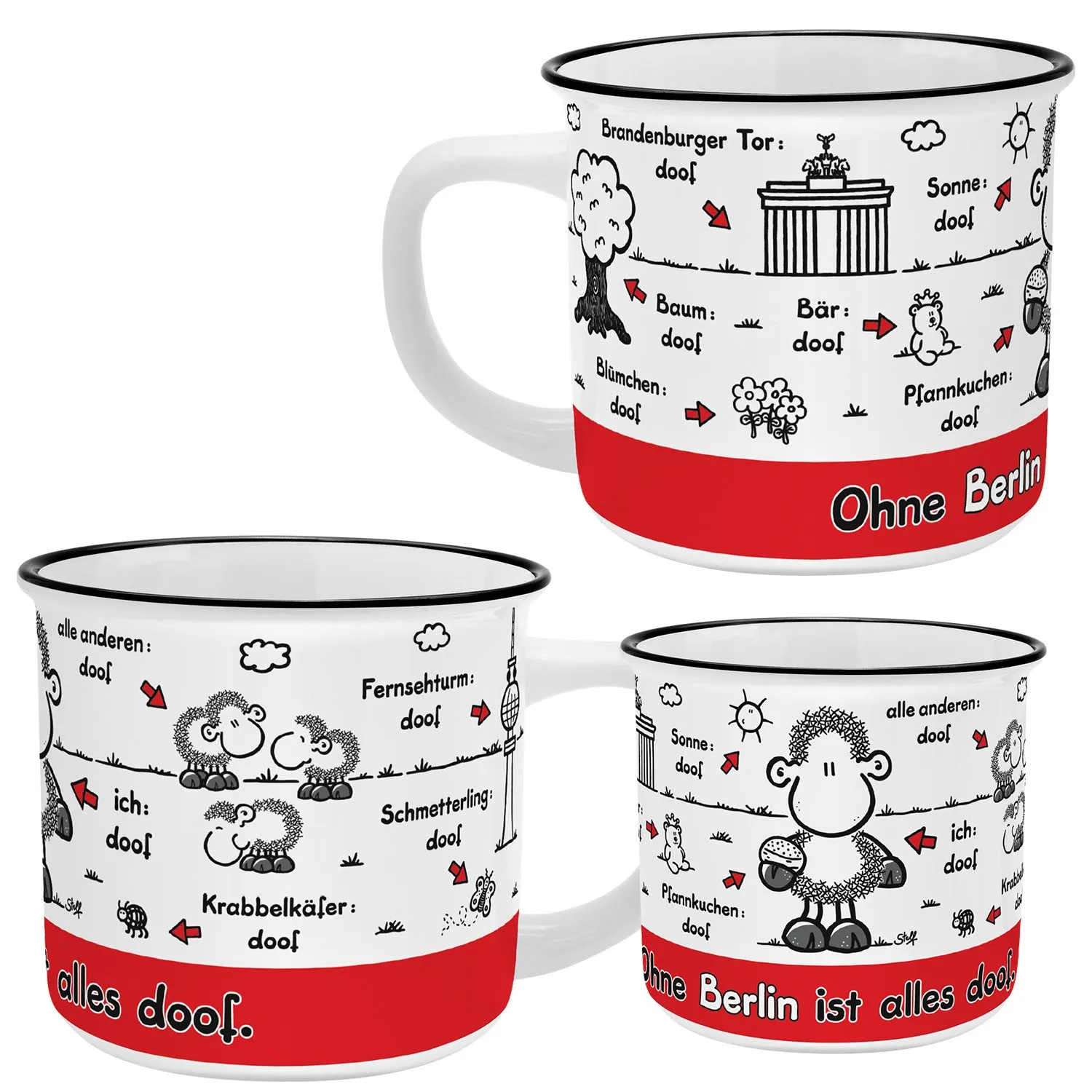 Weiße Porzellantasse mit schwarzen Schaf-Illustrationen und rotem Rand.