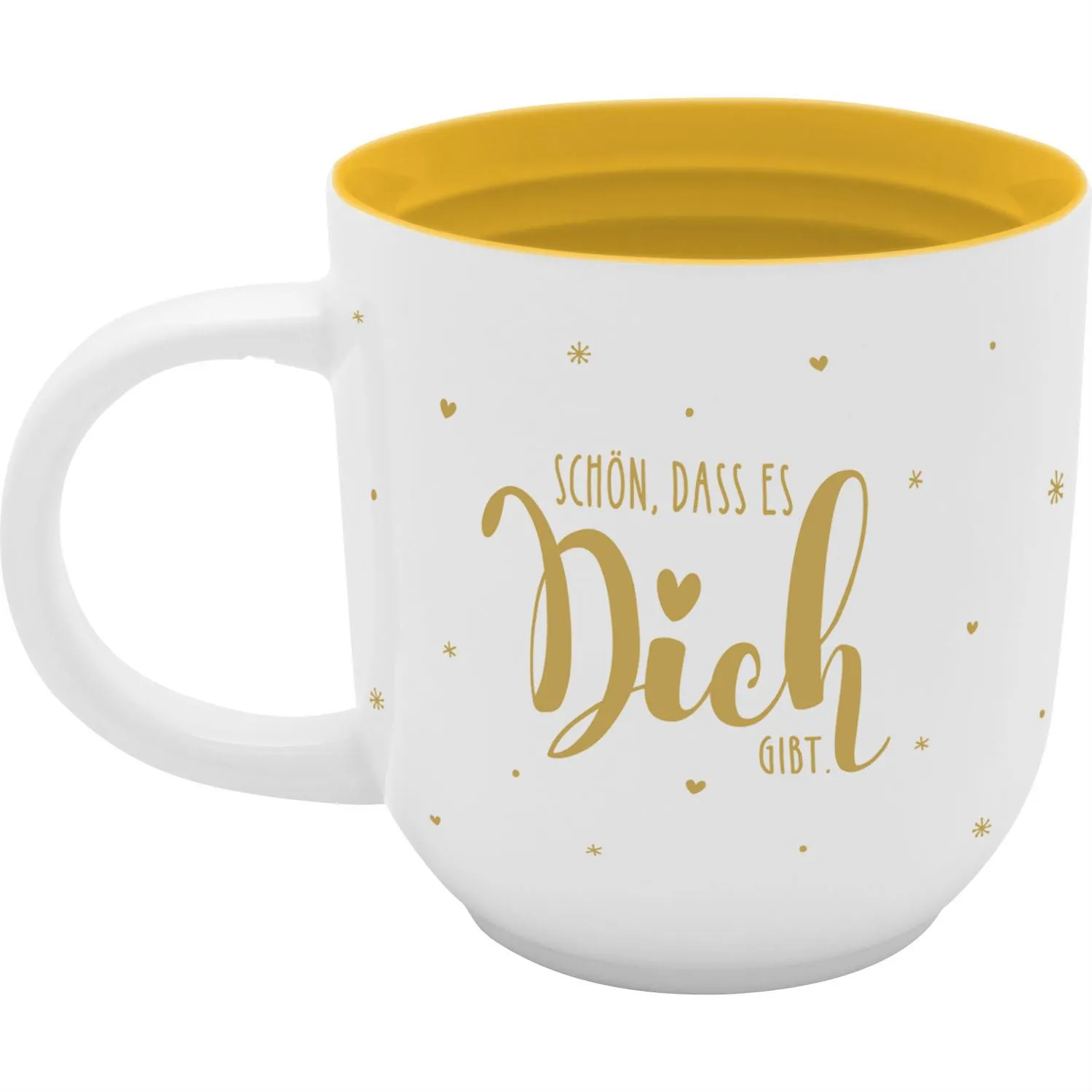 Weiße Porzellan-Tasse mit goldenem Innenrand und Schriftzug 'Schön, dass es Dich gibt'