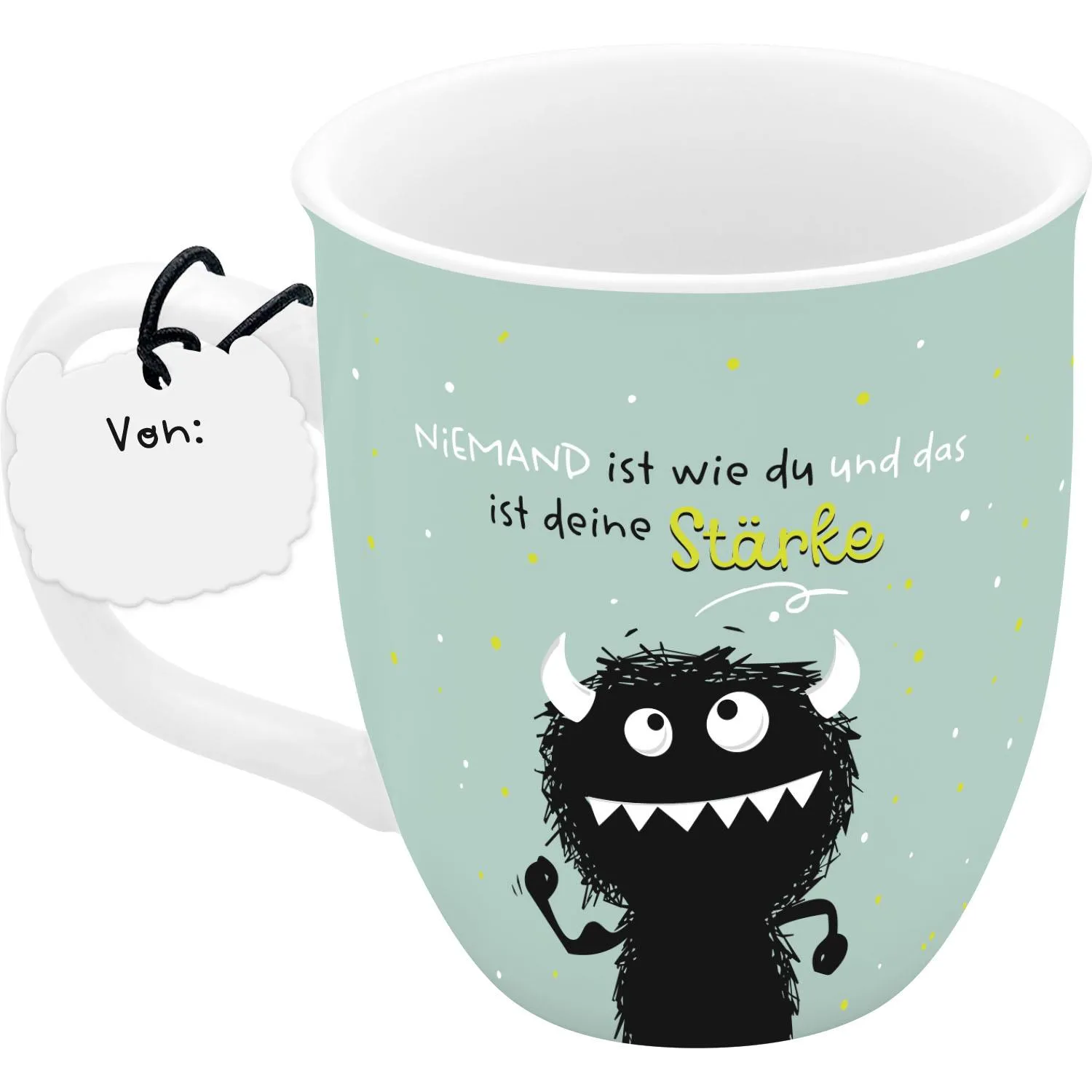 Pastellgrüne Espressotasse mit Monster-Motiv und dem Spruch Stärke