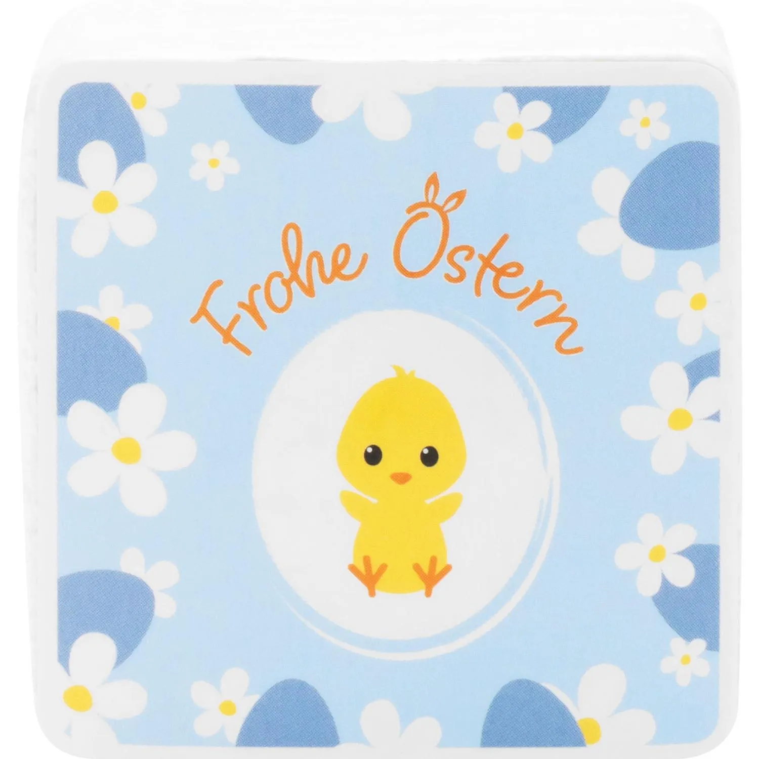 Zauberhandtuch Frohe Ostern mit kleinem Küken auf hellblauem Hintergrund