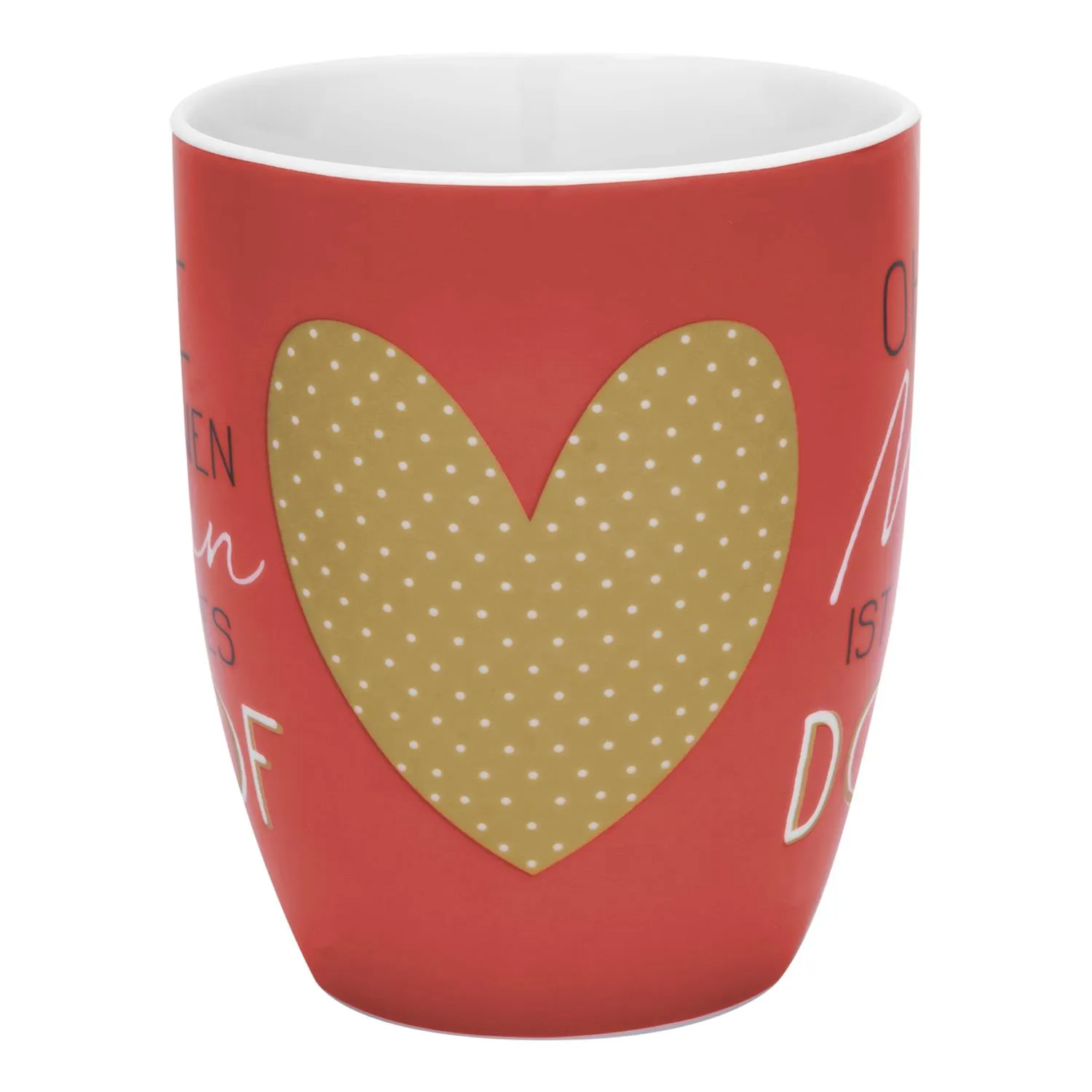 Rote Porzellantasse mit gelbem Herzen und weißen Punkten