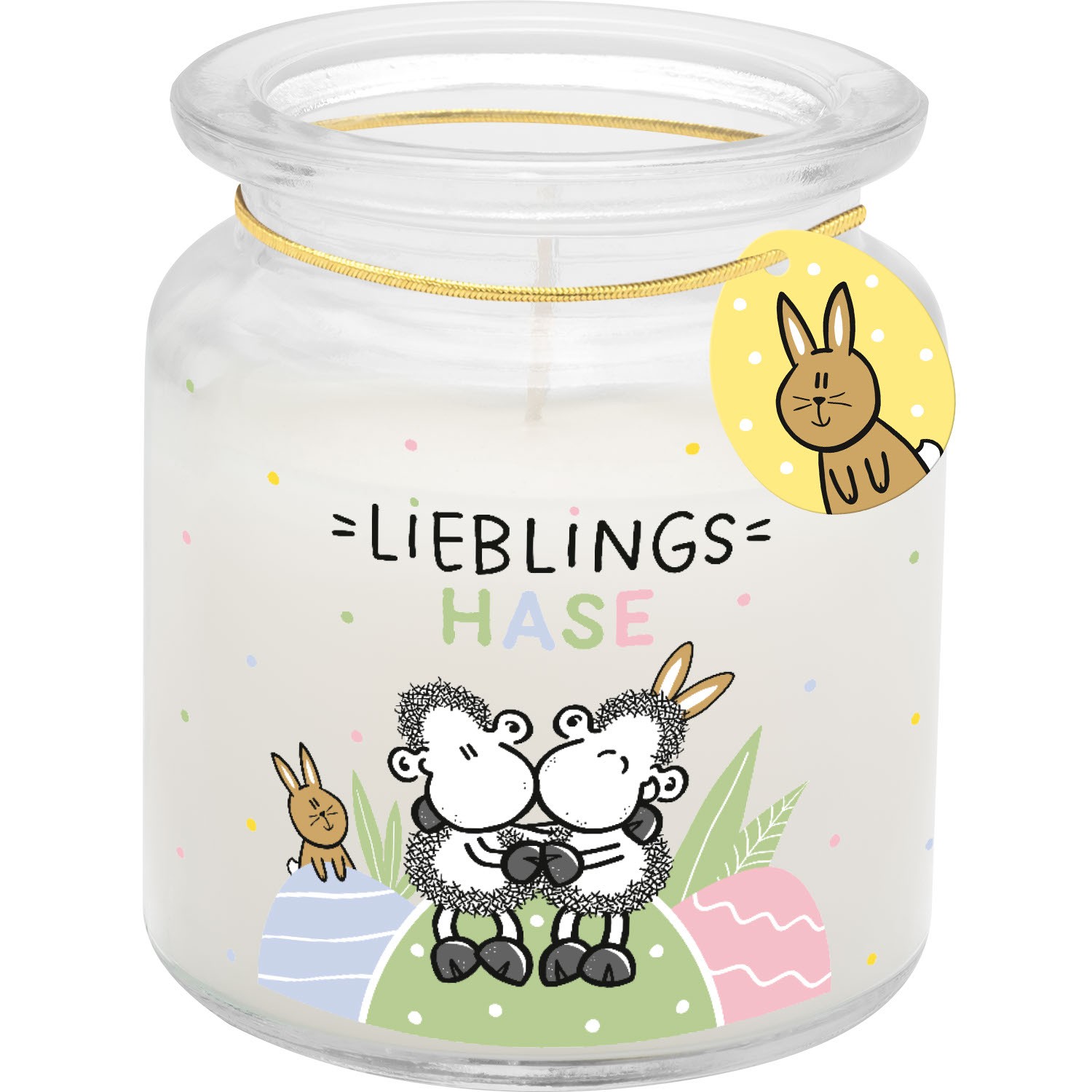 Kerze im Glas »Lieblingshase« mit Pastellmotiven und Vanilleduft.