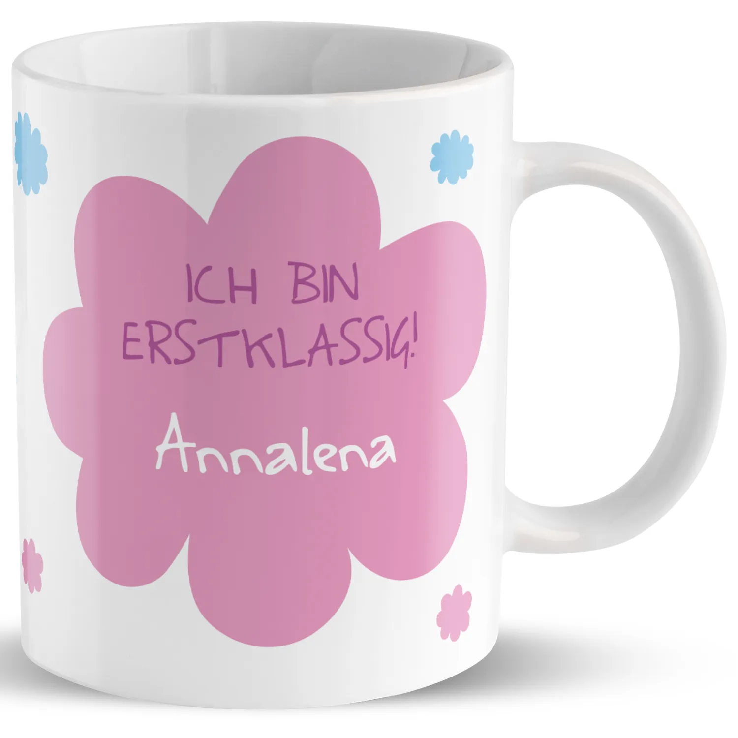 Weiße Porzellan-Tasse mit rosa Blüte und Namen
