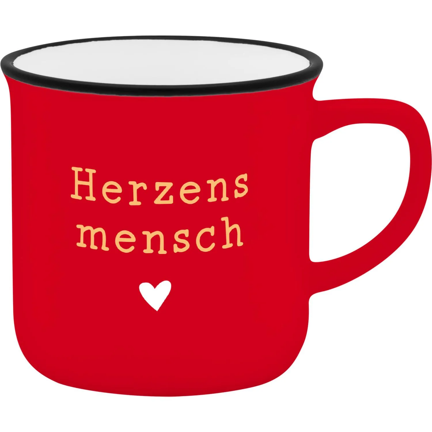 Rote Espressotasse mit cremefarbenem Schriftzug 'Herzensmensch' und kleinem Herz
