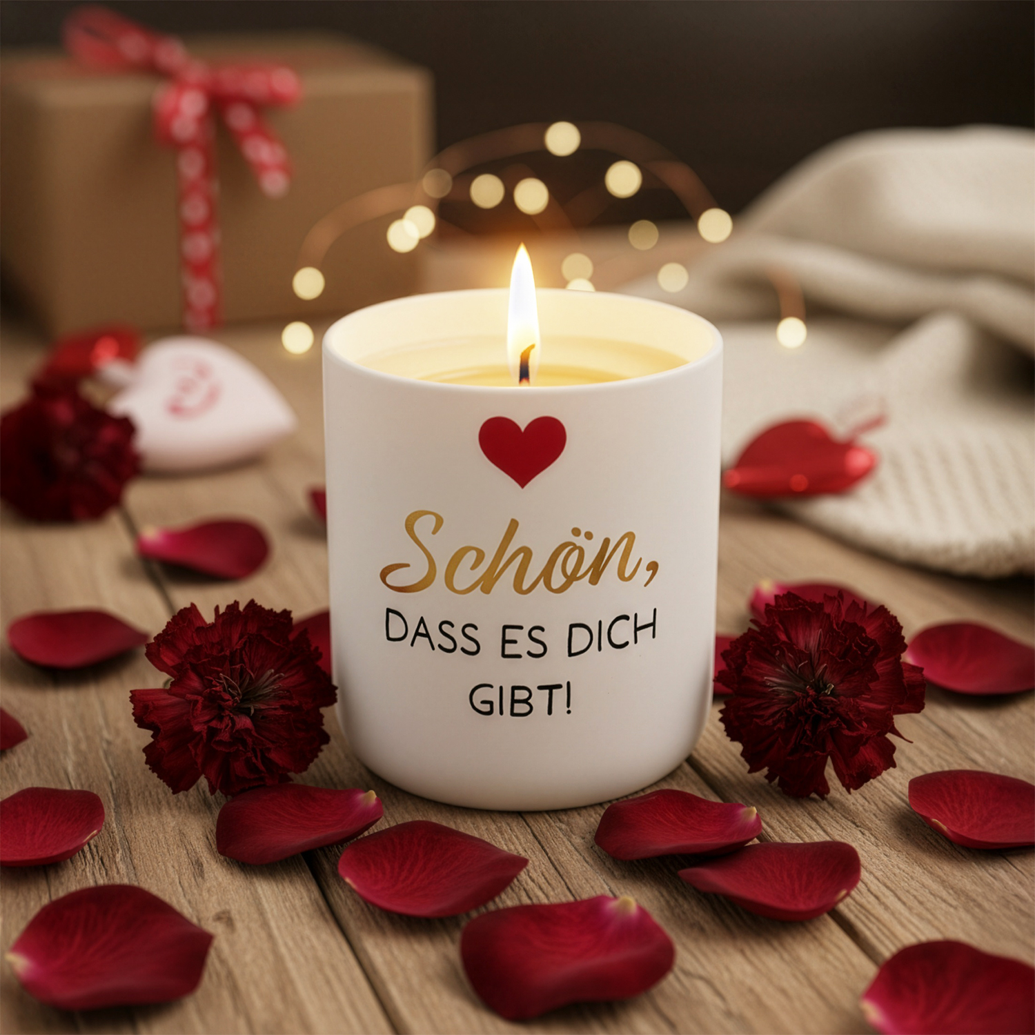 Weiße Kerze im Porzellan-Look mit rotem Herz und Goldschrift 'Schön, dass es dich gibt'