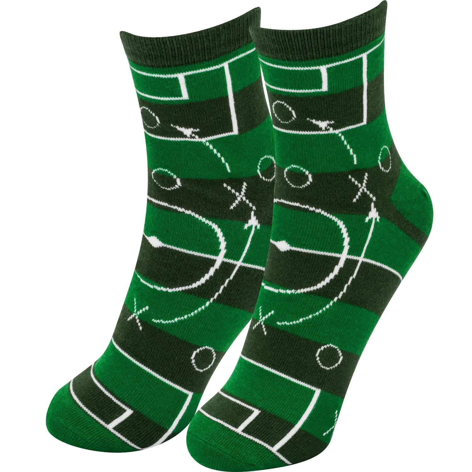 Grüne Zaubersocken mit Fußball-Taktik-Muster und weißen Linien