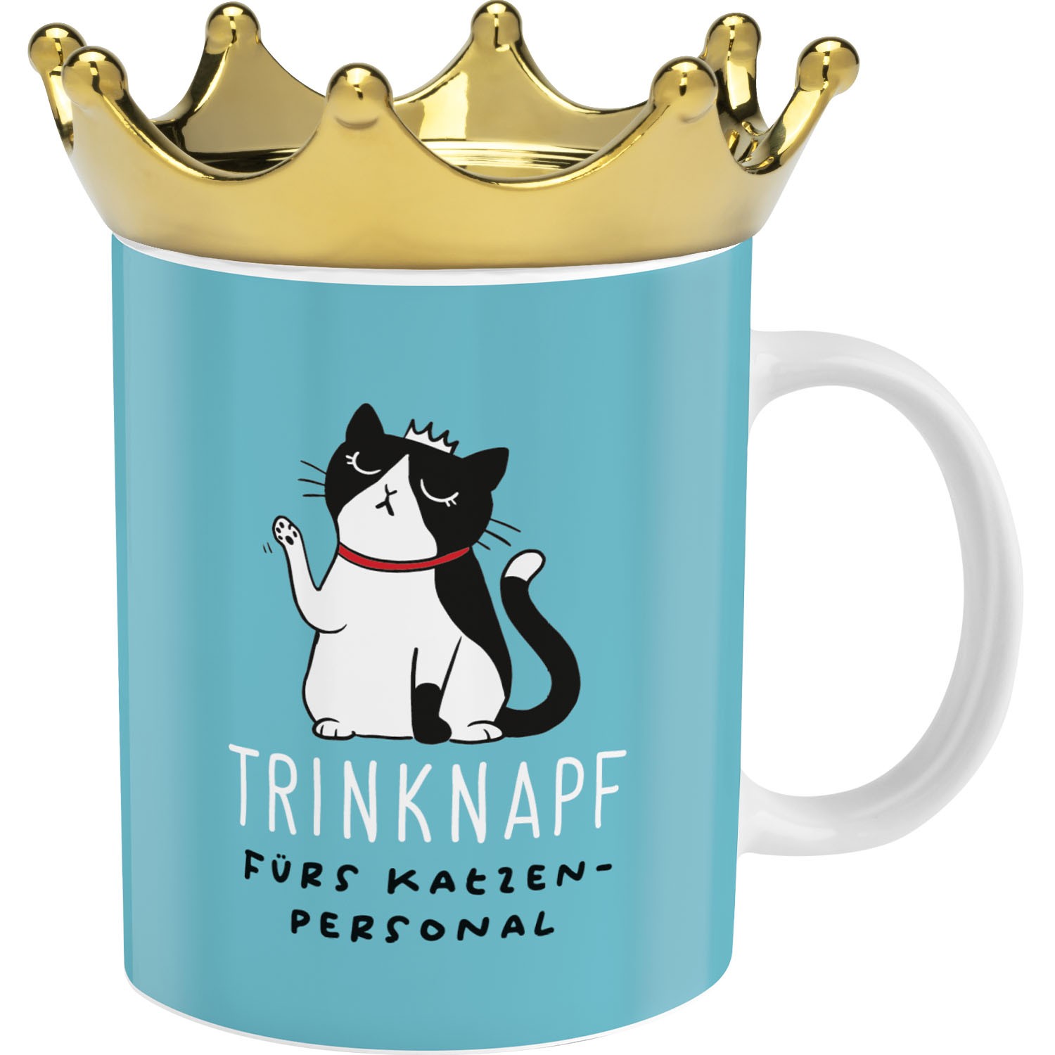 Türkisfarbene Porzellankaffeetasse mit Kronendeckel und Katzenmotiv