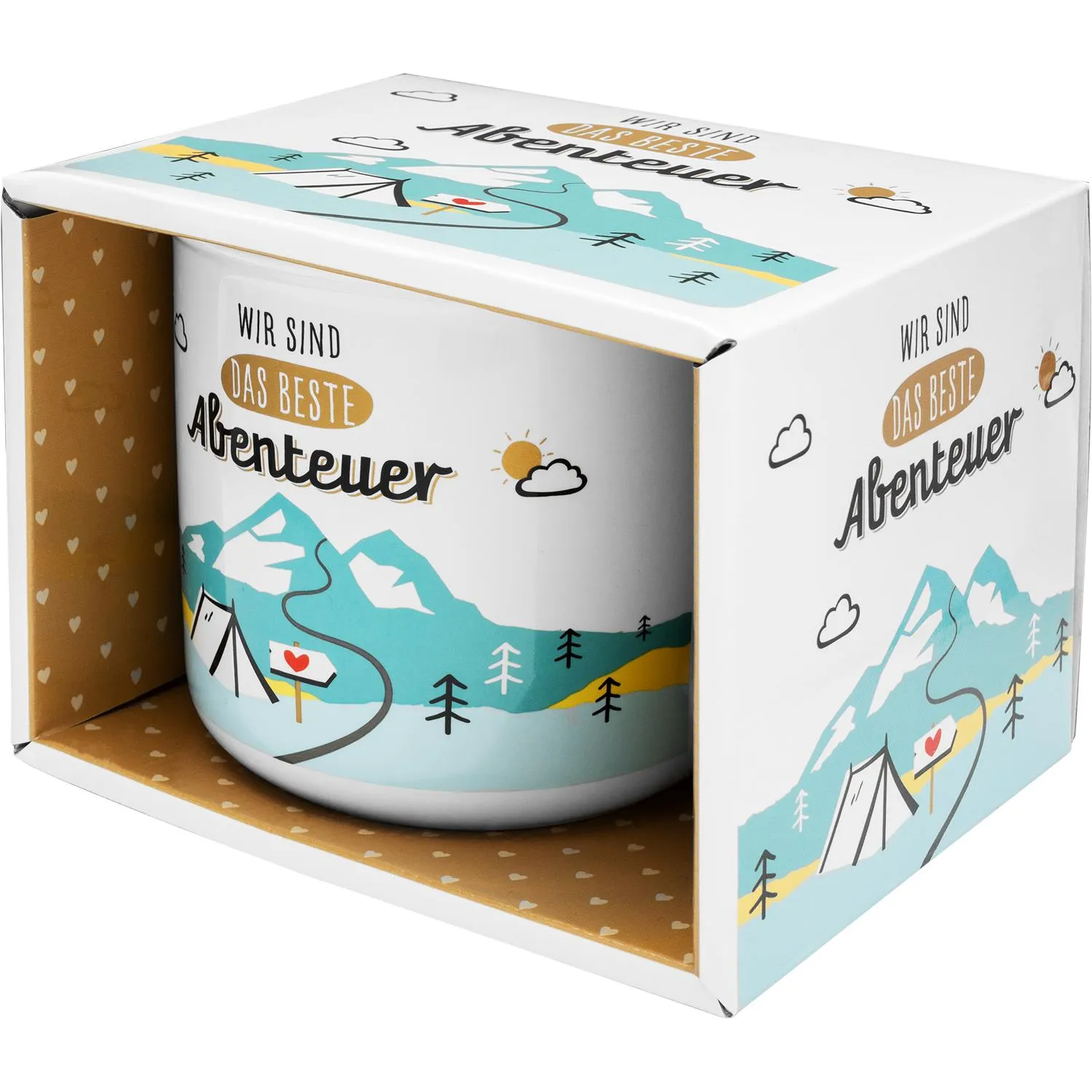 Becher aus Steinzeug mit Berglandschaft, Zelt und Herzmotiv im Pastellstil