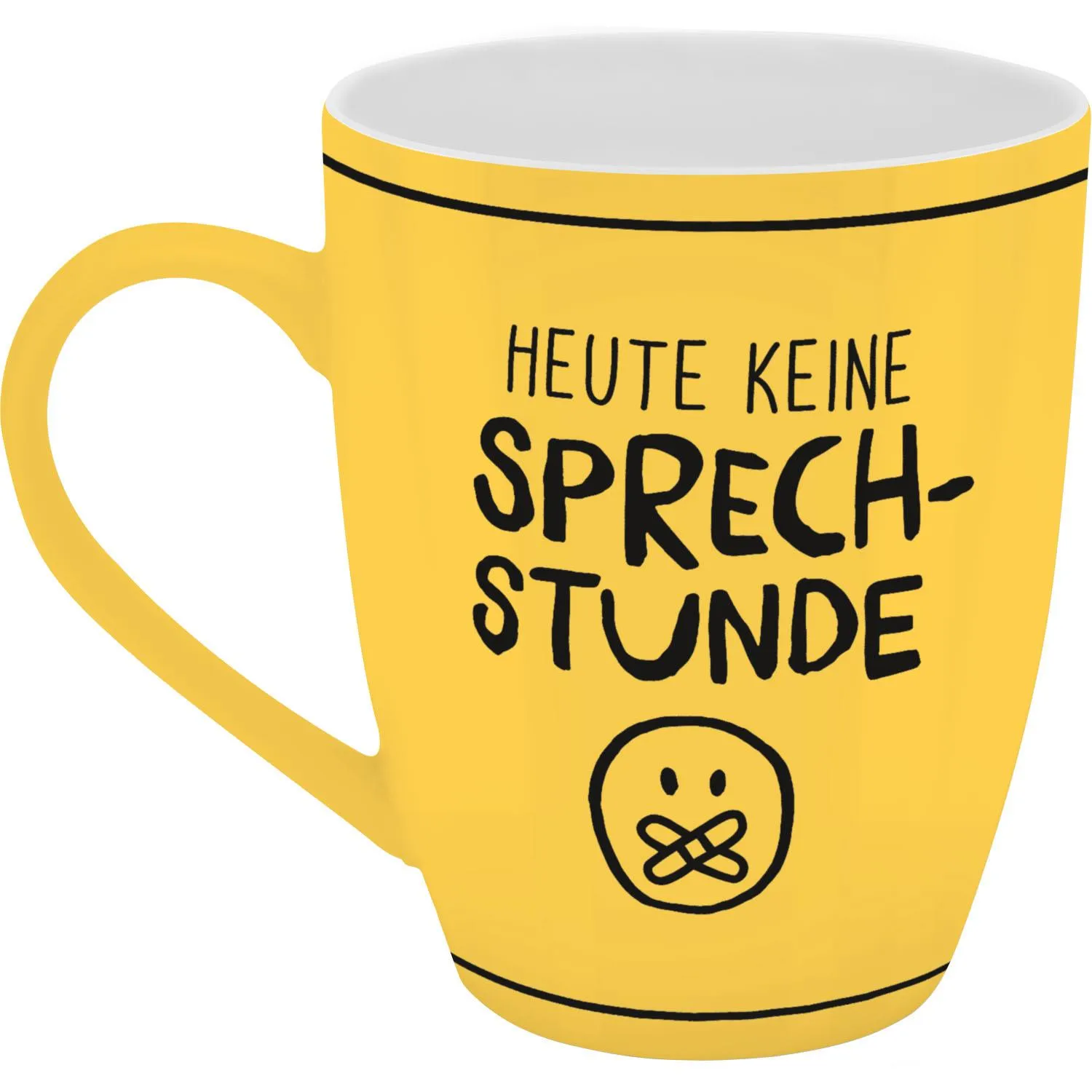 Gelber Becher mit Spruch 'HEUTE KEINE SPRECHSTUNDE' und Smiley, Geschenkbox