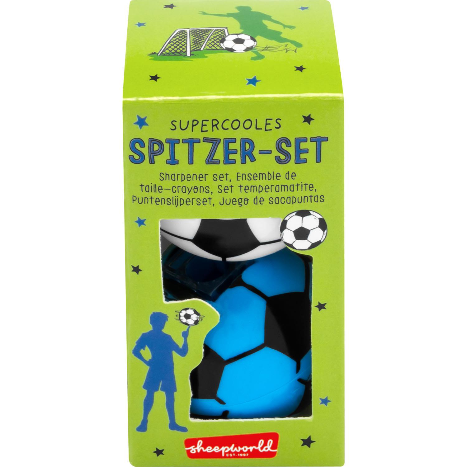 Fußball-Spitzer-Set aus Kunststoff mit zwei Fußballspitzern in Blau-Schwarz, Geschenkbox