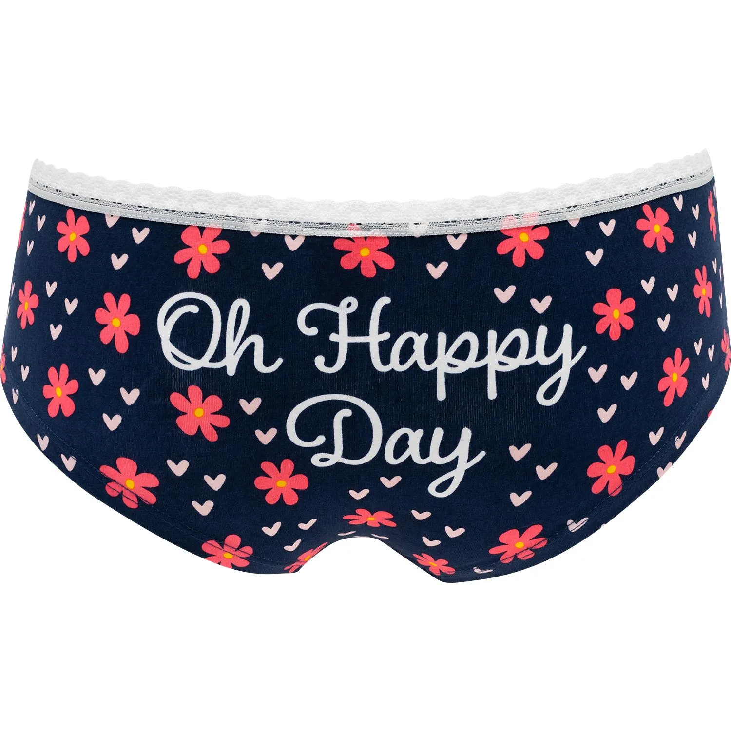 Dunkelblaue Damenpanty mit rosa Blumenmuster und Oh Happy Day Schriftzug.