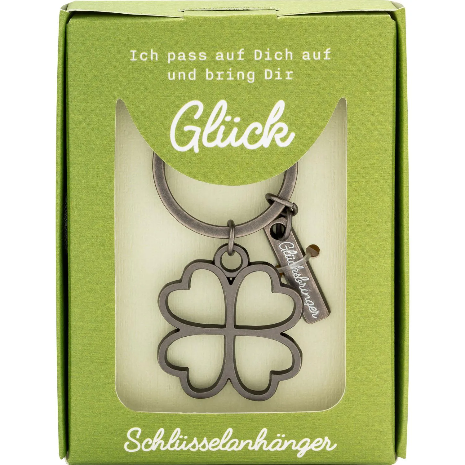 Silberner Kleeblatt-Schlüsselanhänger in Geschenkbox, grün verpackt