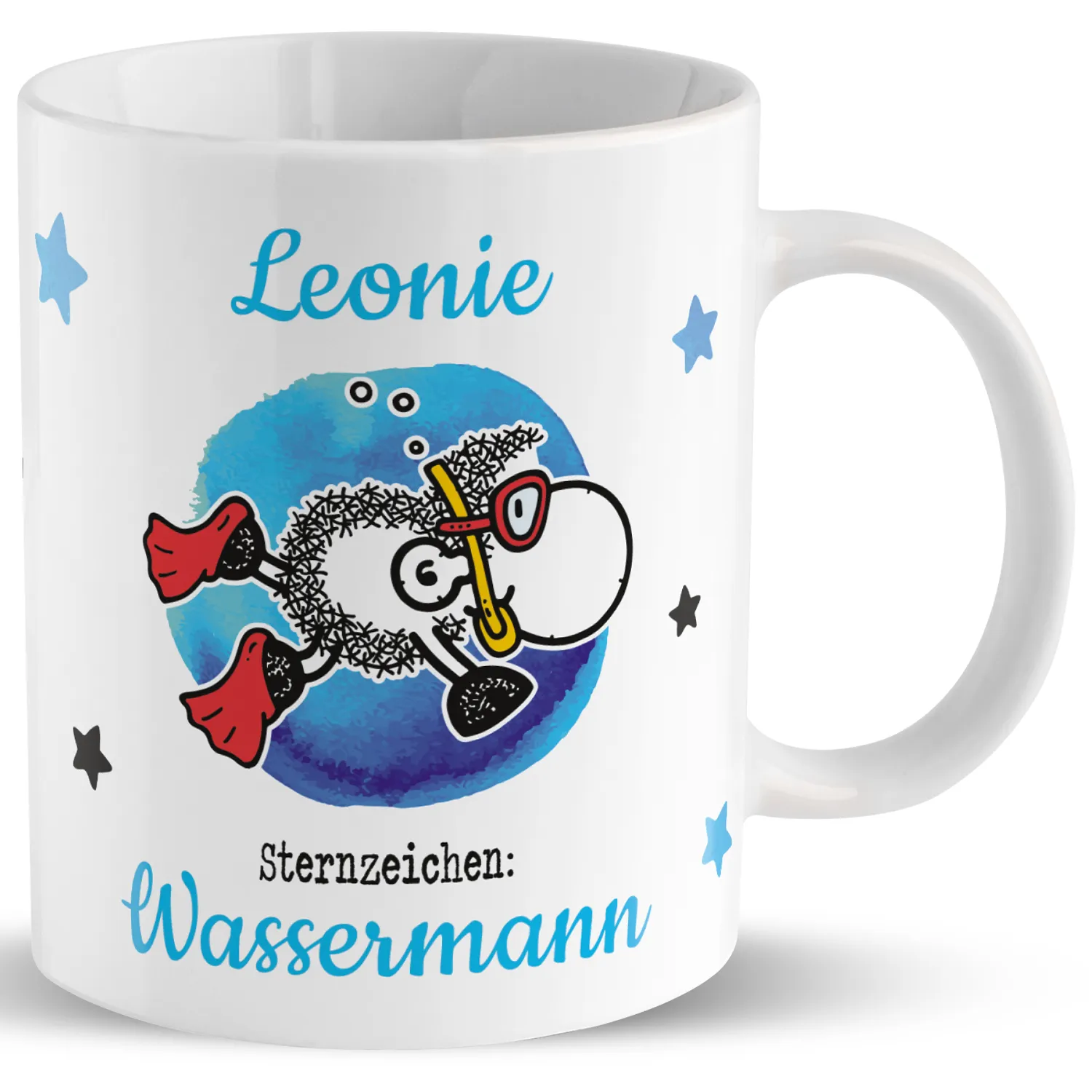 Weiße Porzellantasse mit Namen Leonie und Sternzeichen Wassermann, von Sternchen umgeben
