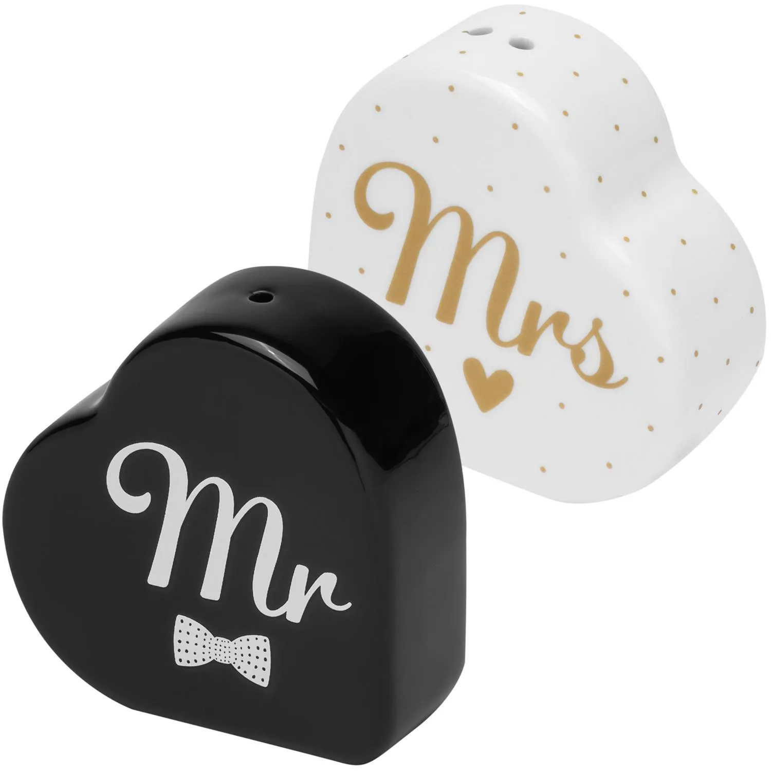 Herzförmige Porzellan-Salz- und Pfefferstreuer in Schwarz-Weiß mit Mr & Mrs und Golddruck