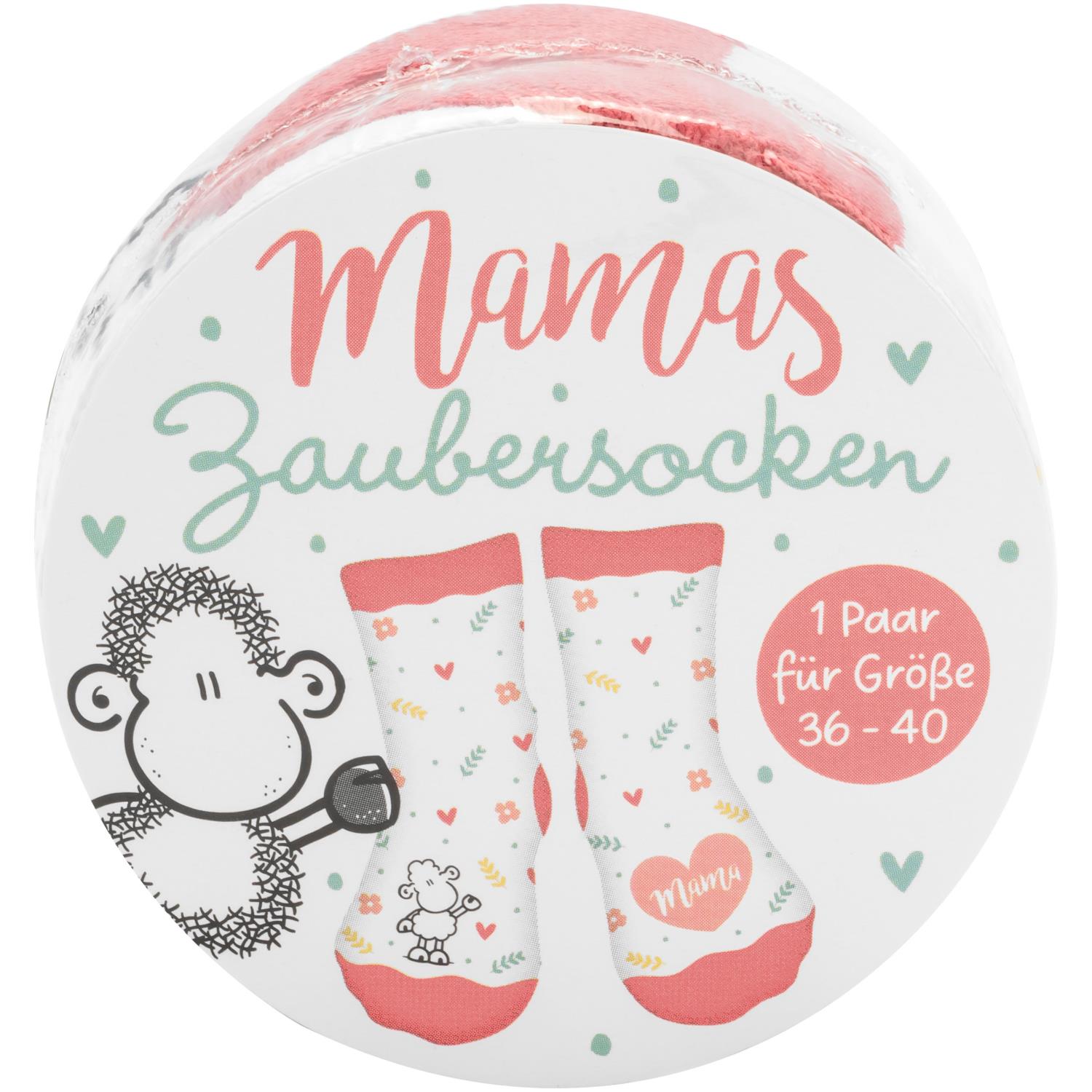 Runde Verpackung mit pastellfarbener Zaubersocken-Motiv, Herzchen & Schaf-Illustration, Größe 36-40