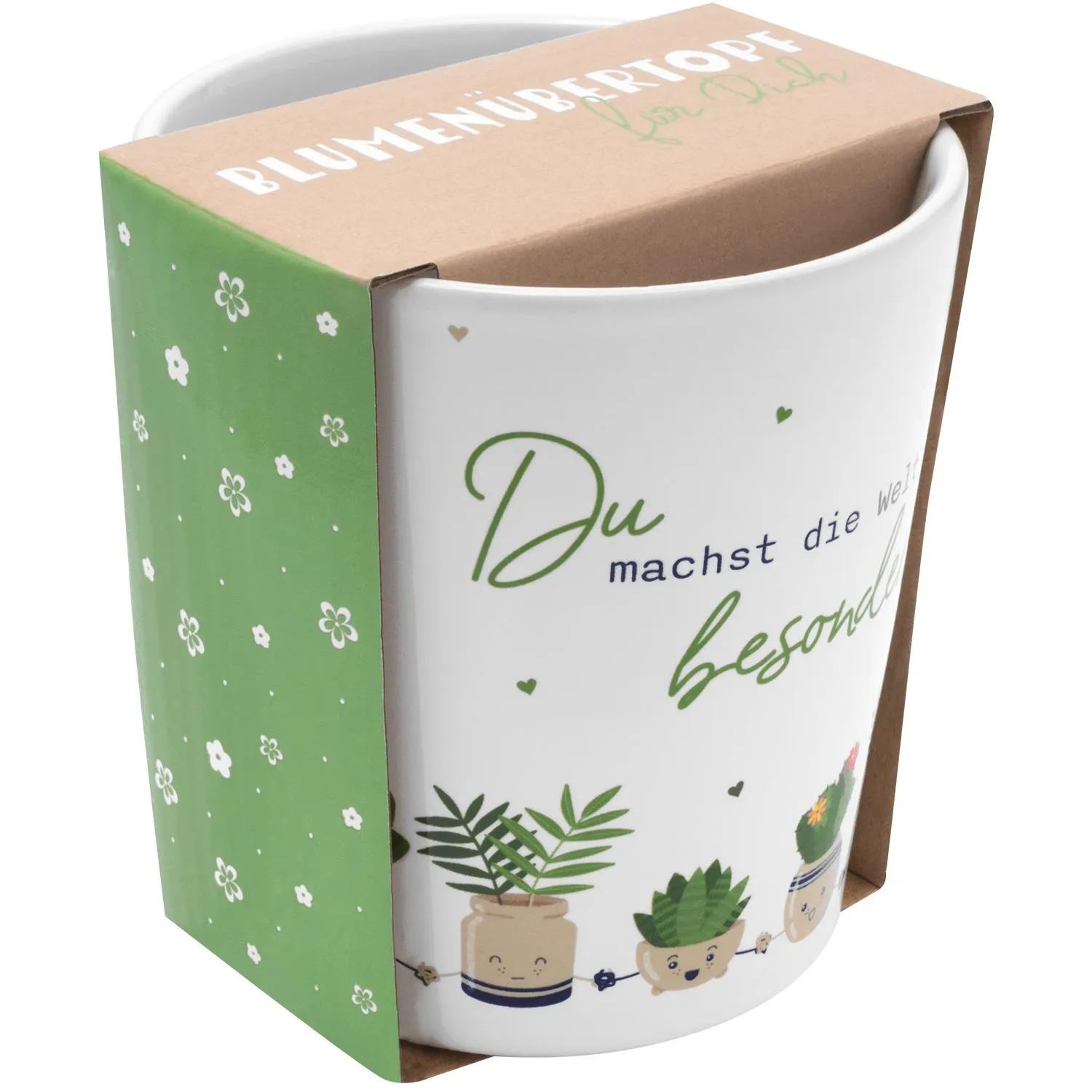 Weißer Blumenübertopf aus Steinzeug mit Motivdruck und grüner Verpackung