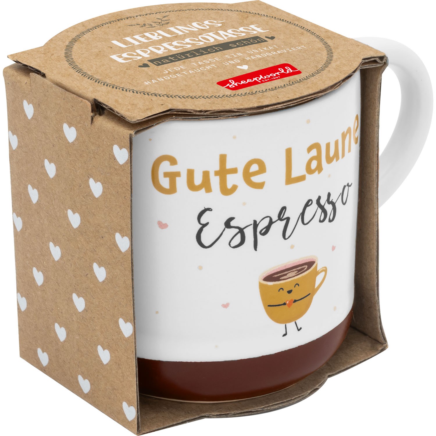 Weiße Steinzeug-Espressotasse mit 'Gute Laune' Schrift und lachendem Espressomotiv in Geschenkverpackung.