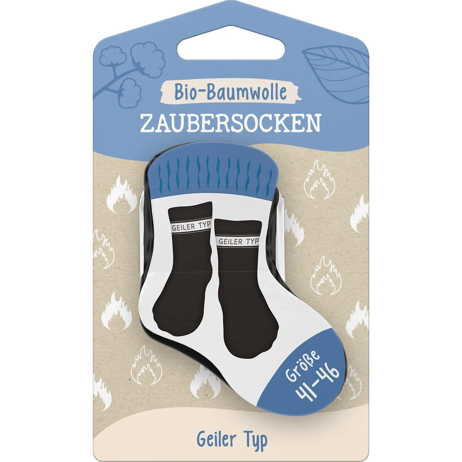 Bio-Zaubersocken in Schwarz mit blauem Bündchen, Verpackung zeigt Geiler Typ