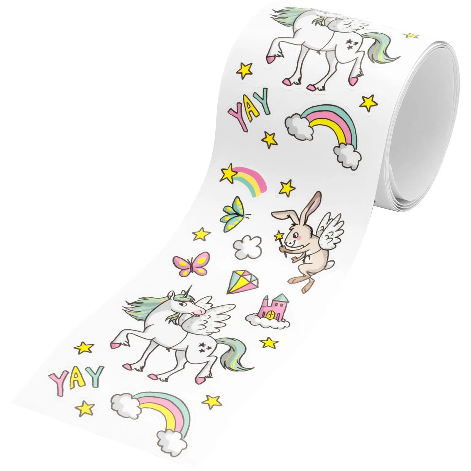 Stickerrolle »Einhornwelt« mit bunten Einhorn-, Regenbogen- und Sternenmotiven auf weißem Hintergrund.