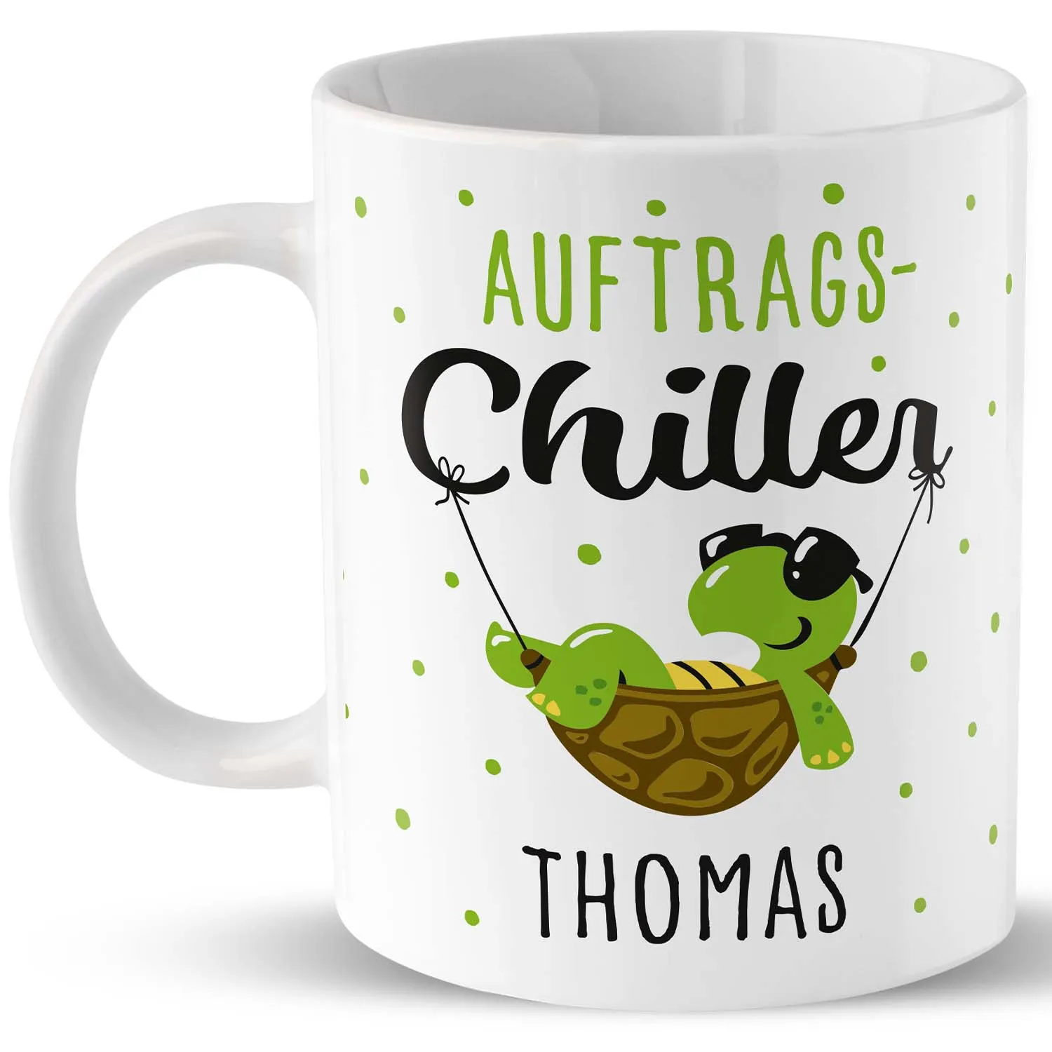 Weiße Porzellan-Tasse mit grüner Schildkröte in Hängematte und Namenszug THOMAS