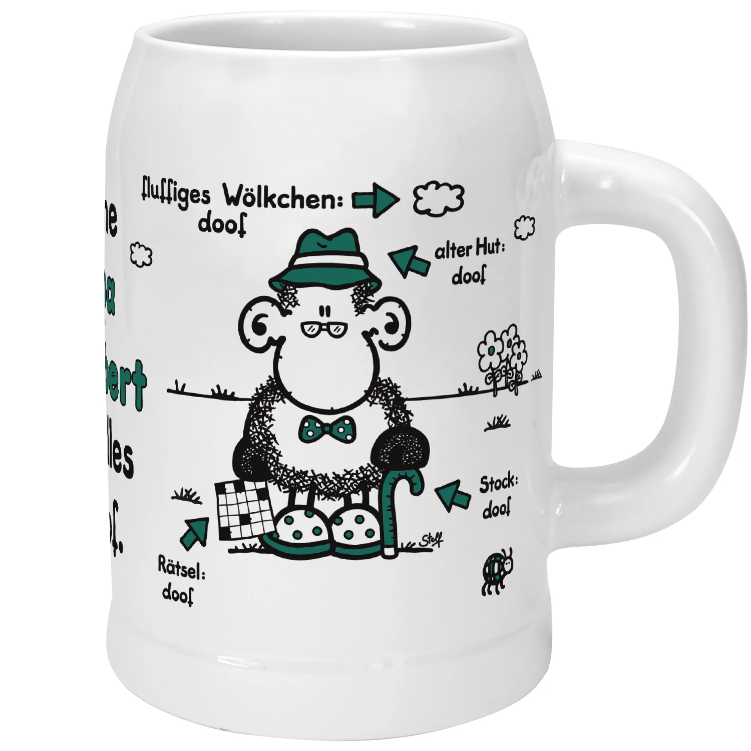 Weißer Keramik-Bierkrug mit Schäfchen-Motiv und Spruch 'Ohne Opa ... ist alles doof'.