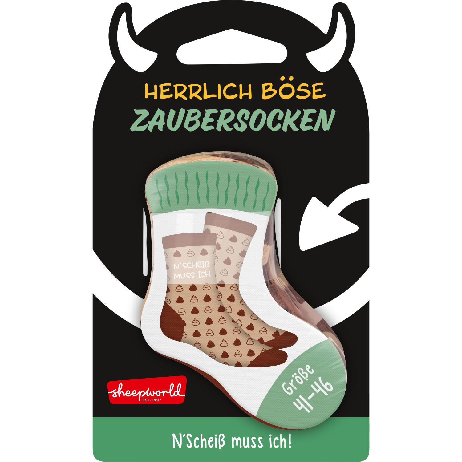 Zaubersocken mit Kacke-Muster und Spruch N'Scheiss muss ich!, grünem Bündchen auf dunkler Verpackung
