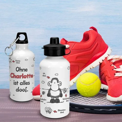 Alutrinkflasche mit dem Spruch "Ohne ... ist alles doof.", personalisierbar mit einem Wunschnamen und sheepworld Motiv