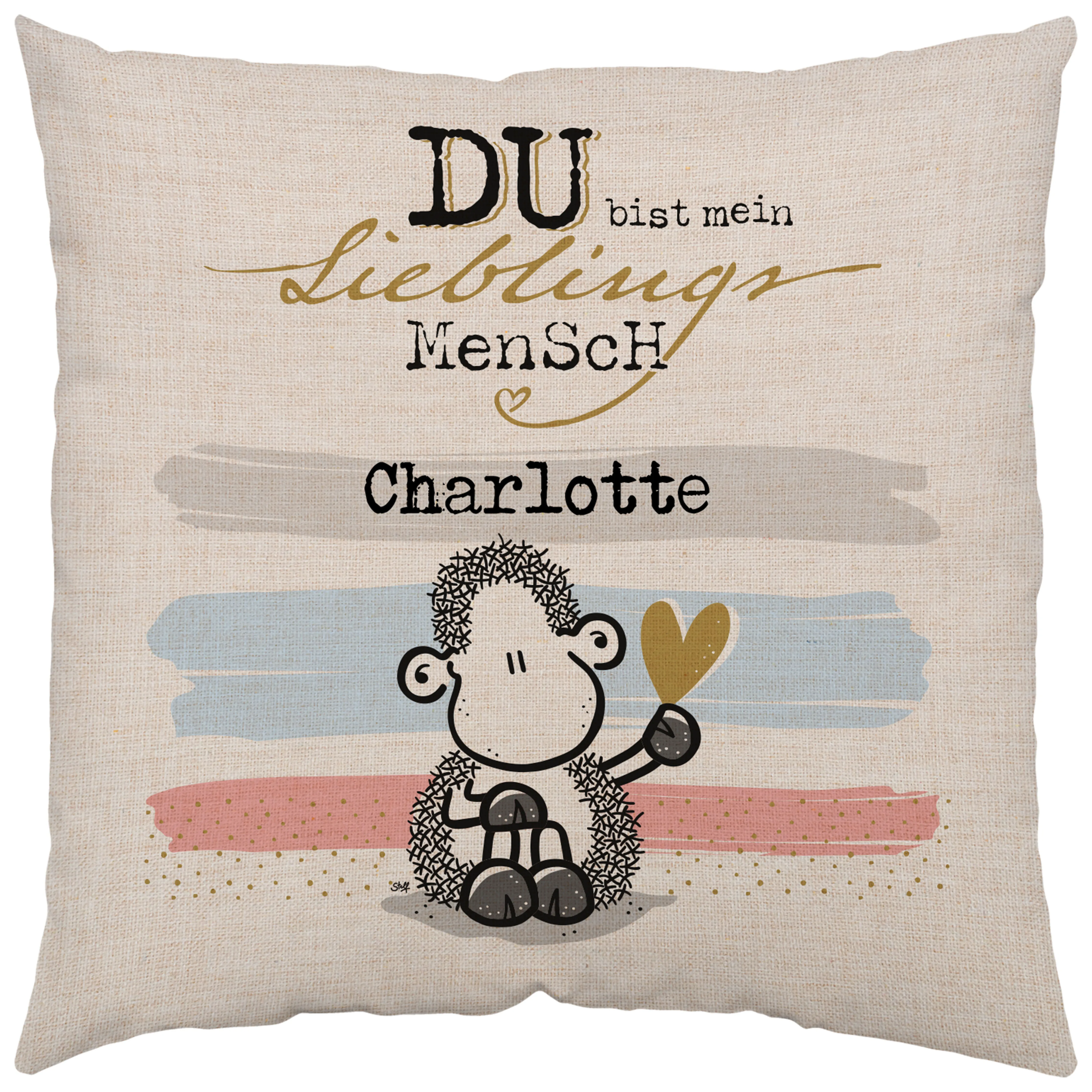 Personalisierbares Kissen mit Canvas-Optik, Name Charlotte, Schaf-Motiv