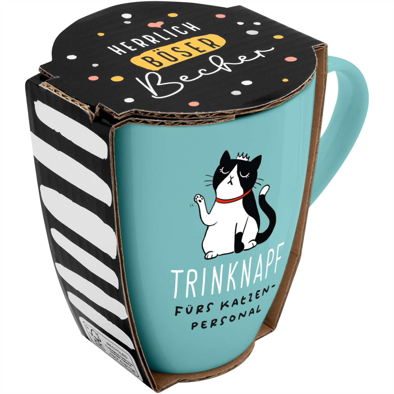 Becher mit Cartoon-Katze auf Türkis, Geschenkverpackung aus Pappe