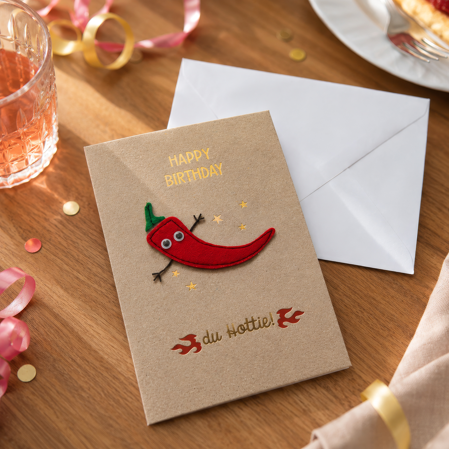 Geburtstagskarte mit roter Chili-Figur, goldener HAPPY BIRTHDAY-Schrift