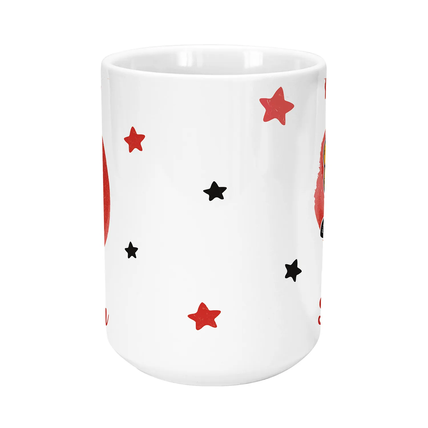 Weiße XXL-Tasse mit rotem und schwarzem Sternenmuster, personalisierbar mit Namen