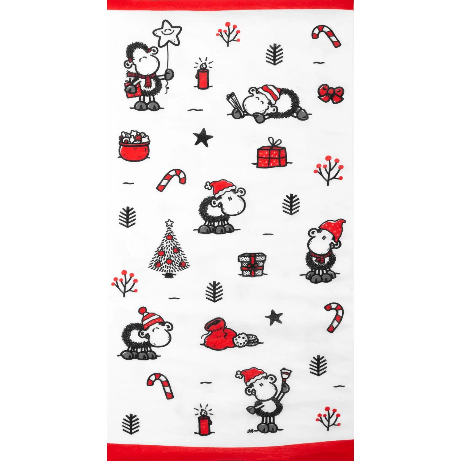 Schlauchschal »Schaf« aus Polyester mit schwarzen Schäfchen-Motiven und roten Akzenten.