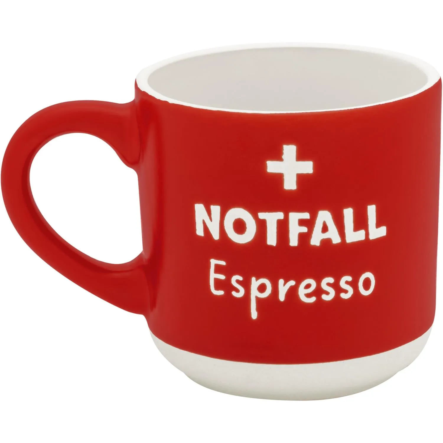 Rote Espressotasse aus Steinzeug mit weißem Innenraum und NOTFALL Espresso-Schriftzug