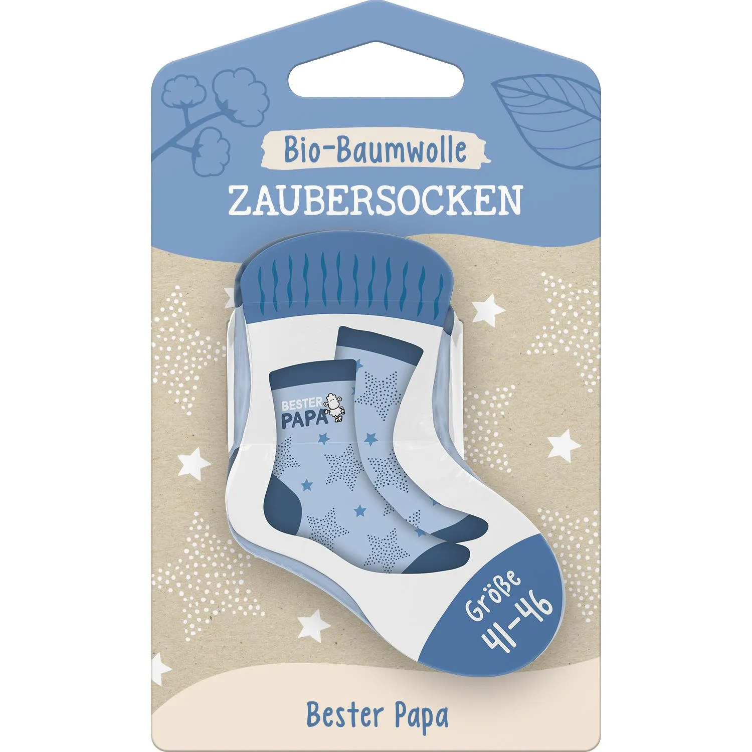 Blaue Zaubersocken mit Sternen und Bester Papa-Aufdruck aus Bio-Baumwolle.