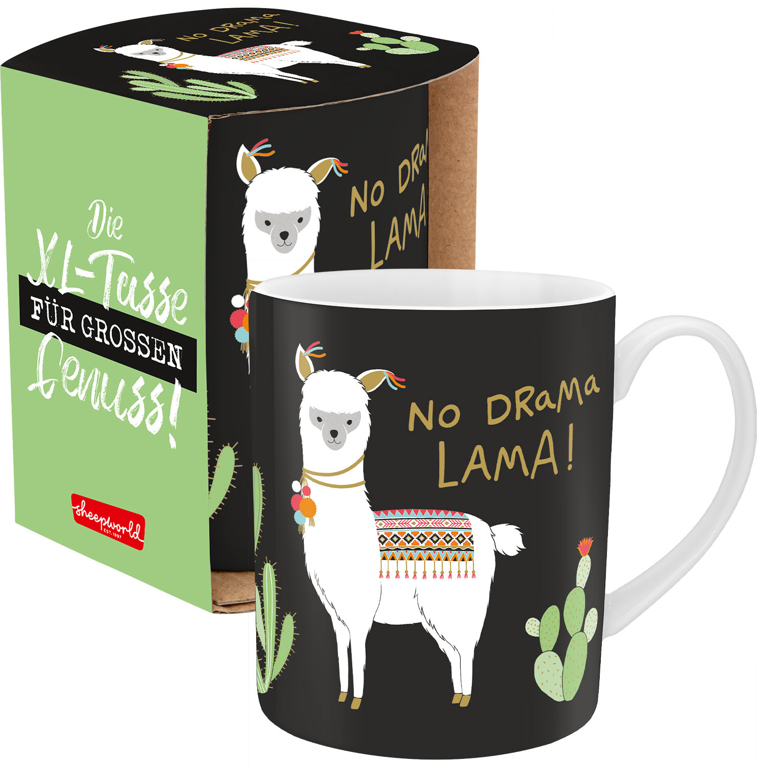 XL-Tasse »Lama« – Schwarzer Porzellanbecher mit No Drama Lama-Motiv, Geschenkbox, 60 cl
