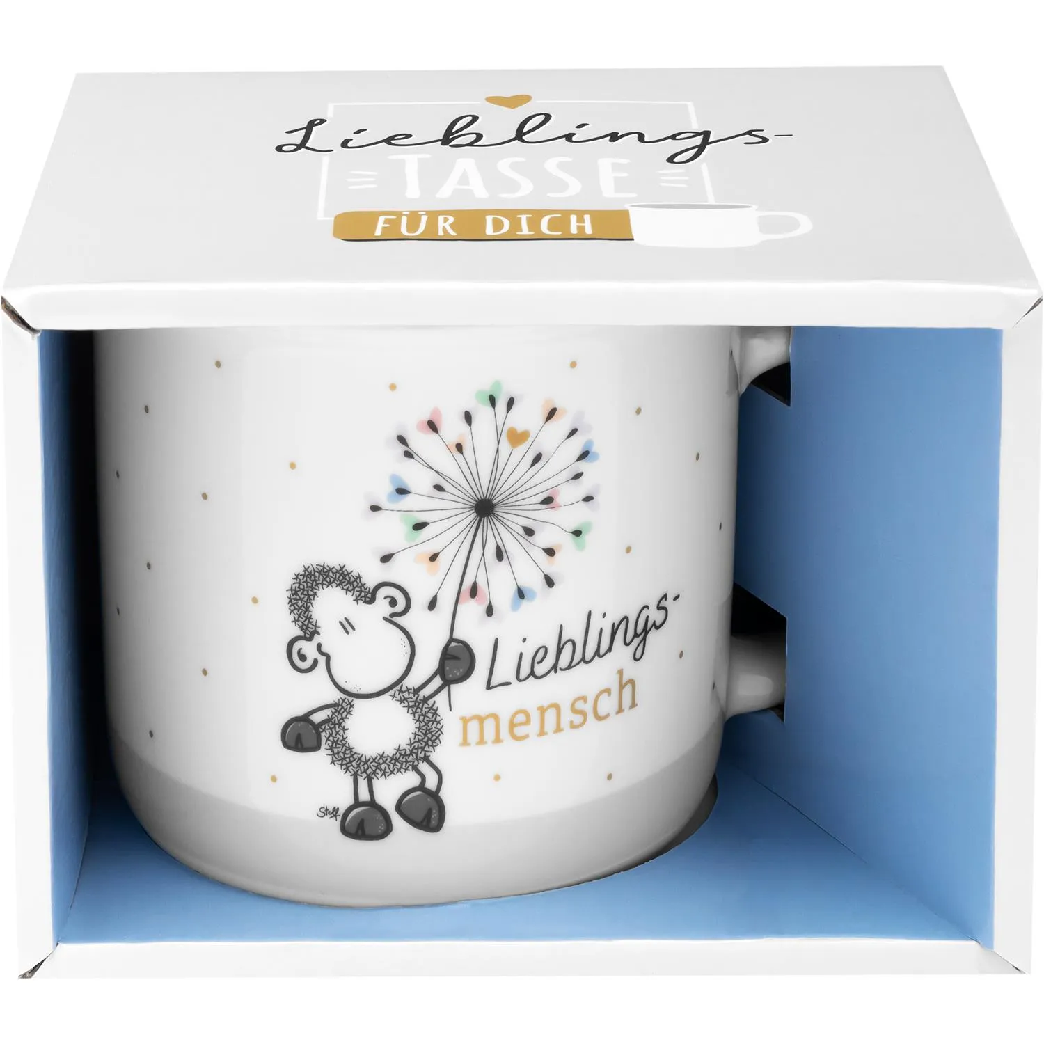 Weiße Porzellantasse mit Schaf- und Pusteblumen-Motiv 'Lieblingsmensch' in Geschenkbox