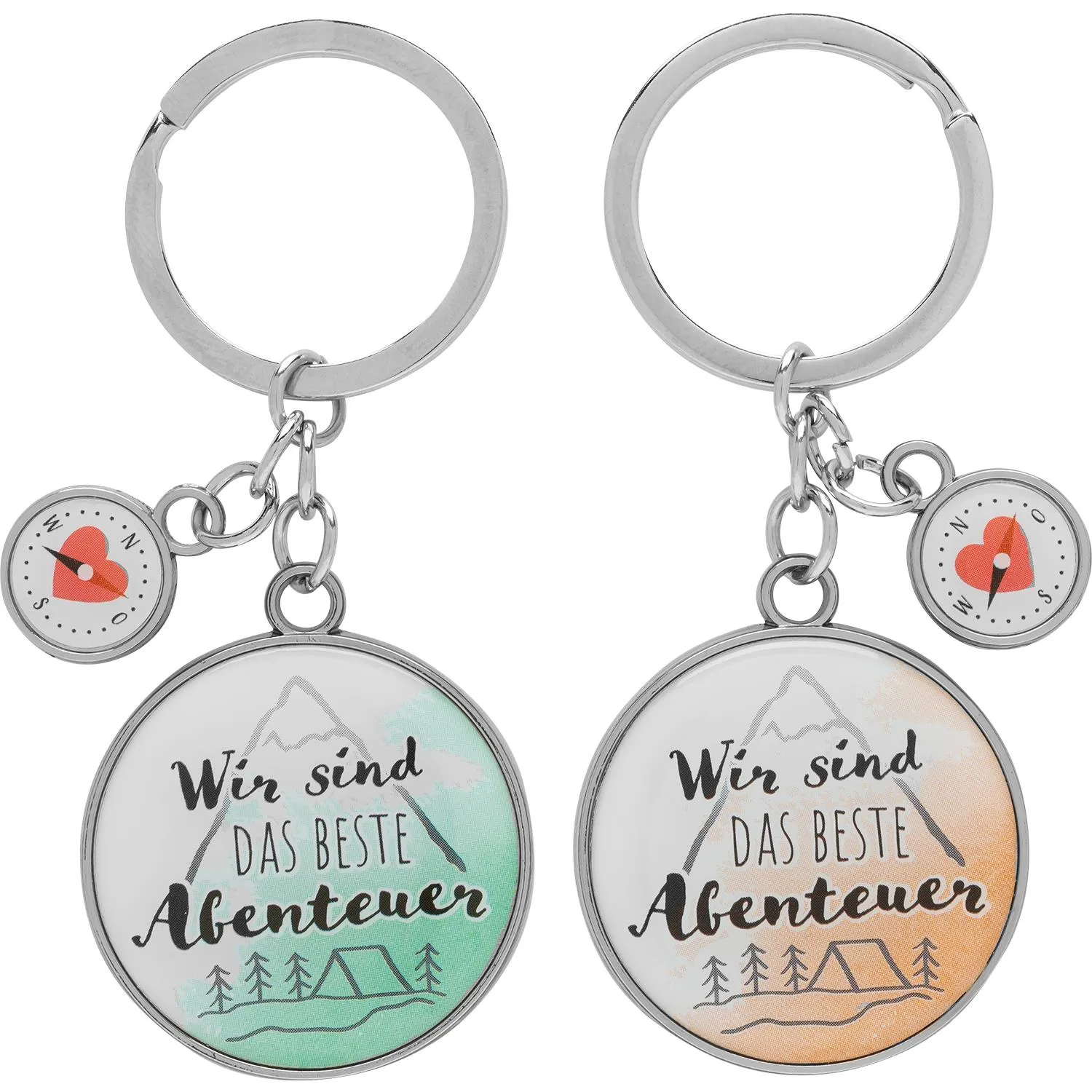 Doppeltes Schlüsselanhänger-Set mit runden Motivplättchen in Pastellgrün/Peach und Kompass-Anhänger