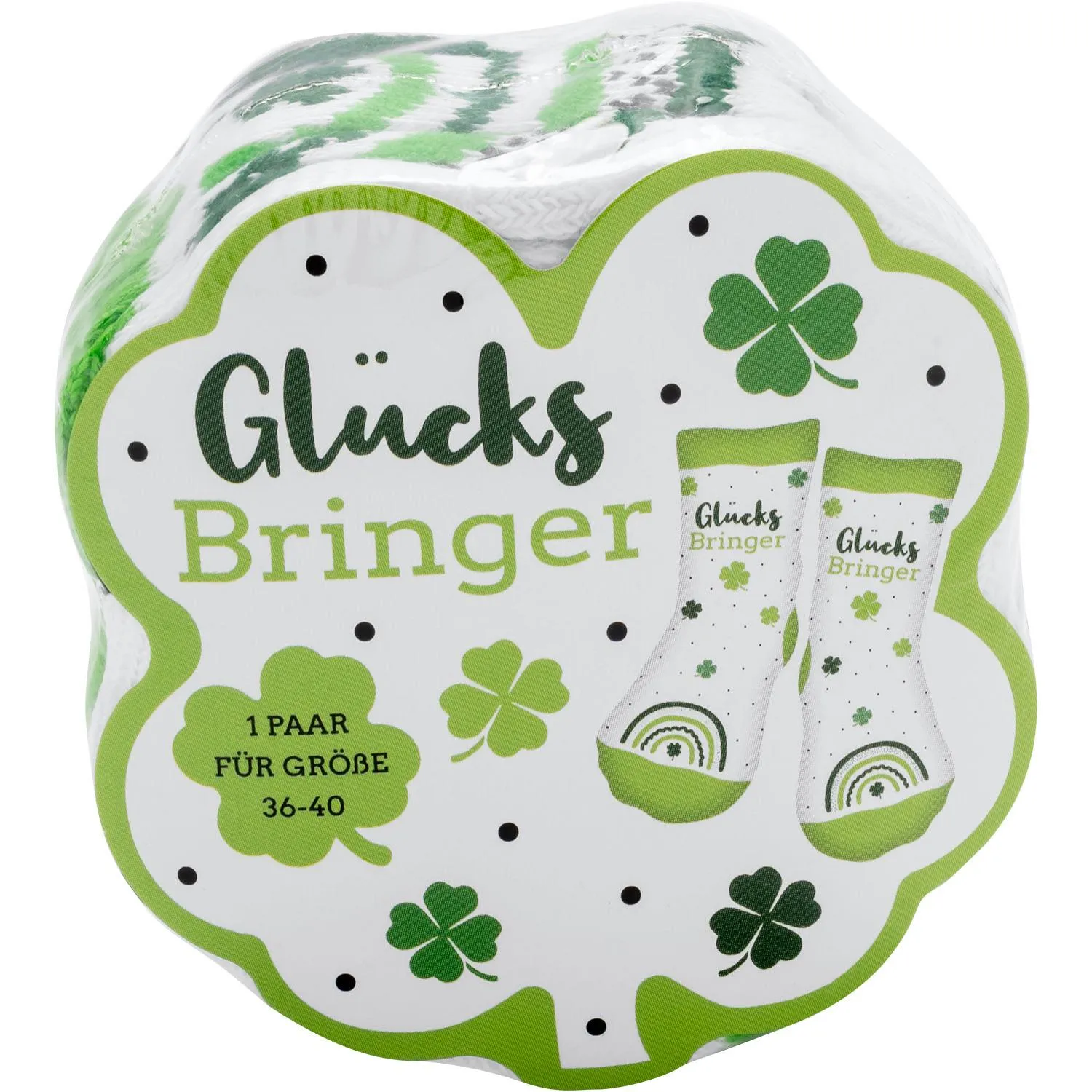 Zaubersocken Bringer mit Kleeblatt-Motiven in Grün auf Weiß, Größe 36-40, 1 Paar