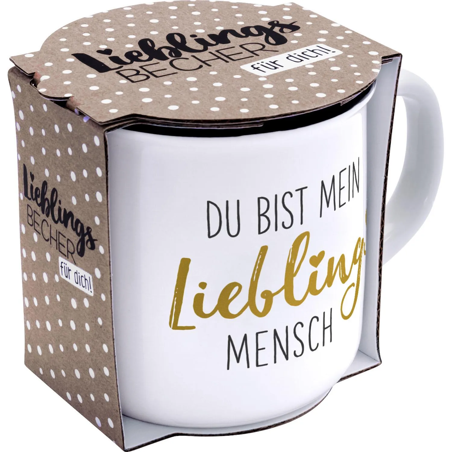 Weiße Porzellan-Tasse mit goldenem Schriftzug 'Du bist mein Lieblingsmensch' in Geschenkverpackung
