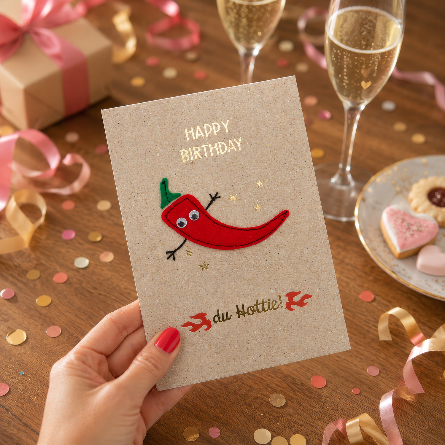 Grußkarte mit rotem Chili-Figur-Filz auf Kraftpapier, goldener Schriftzug Happy Birthday.